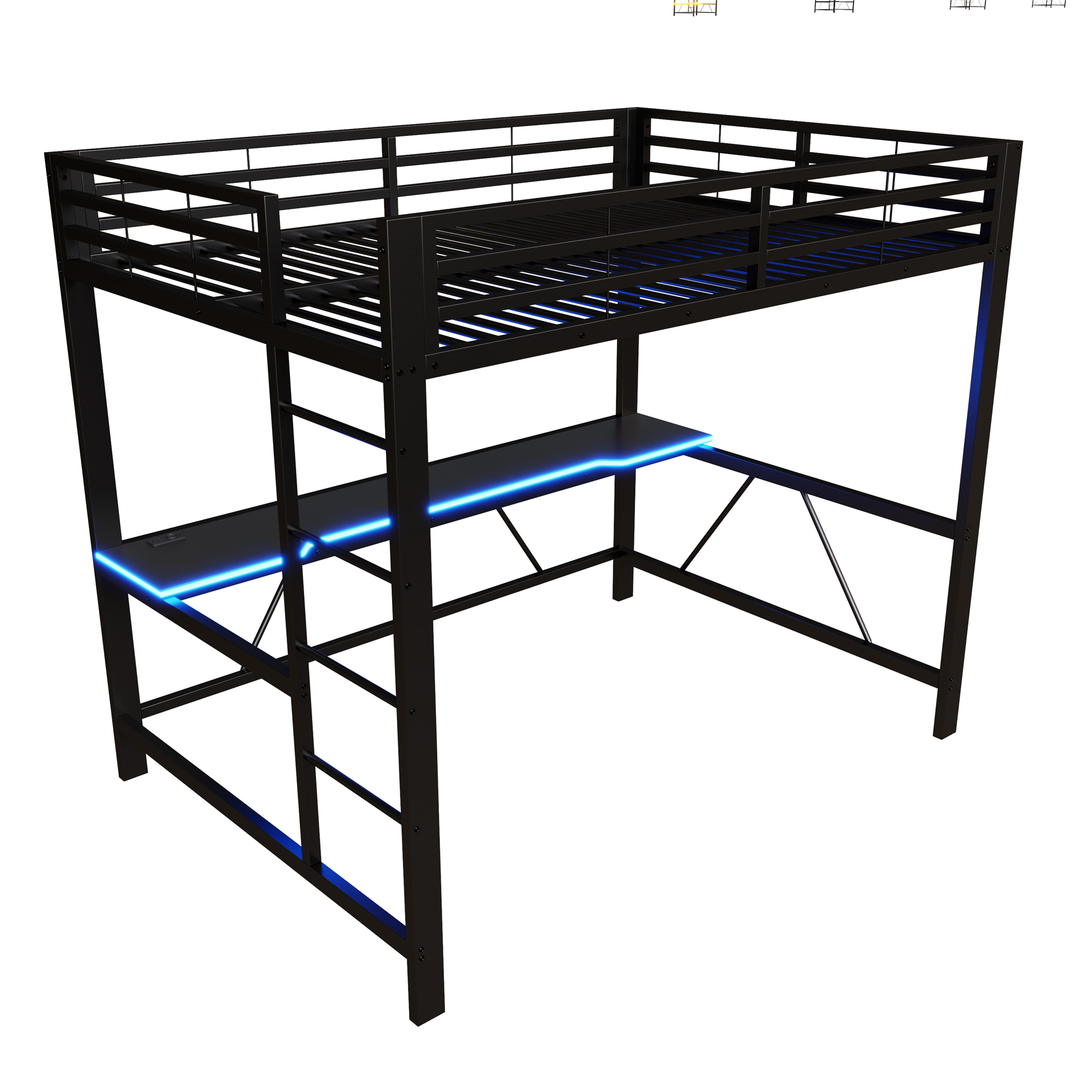 Lit mezzanine 140 x 200 cm, bureau intégré, éclairage LED sous le couchage, port USB, garde-corps, métal, noir, 204 x 145 x 180 cm - points forts 1