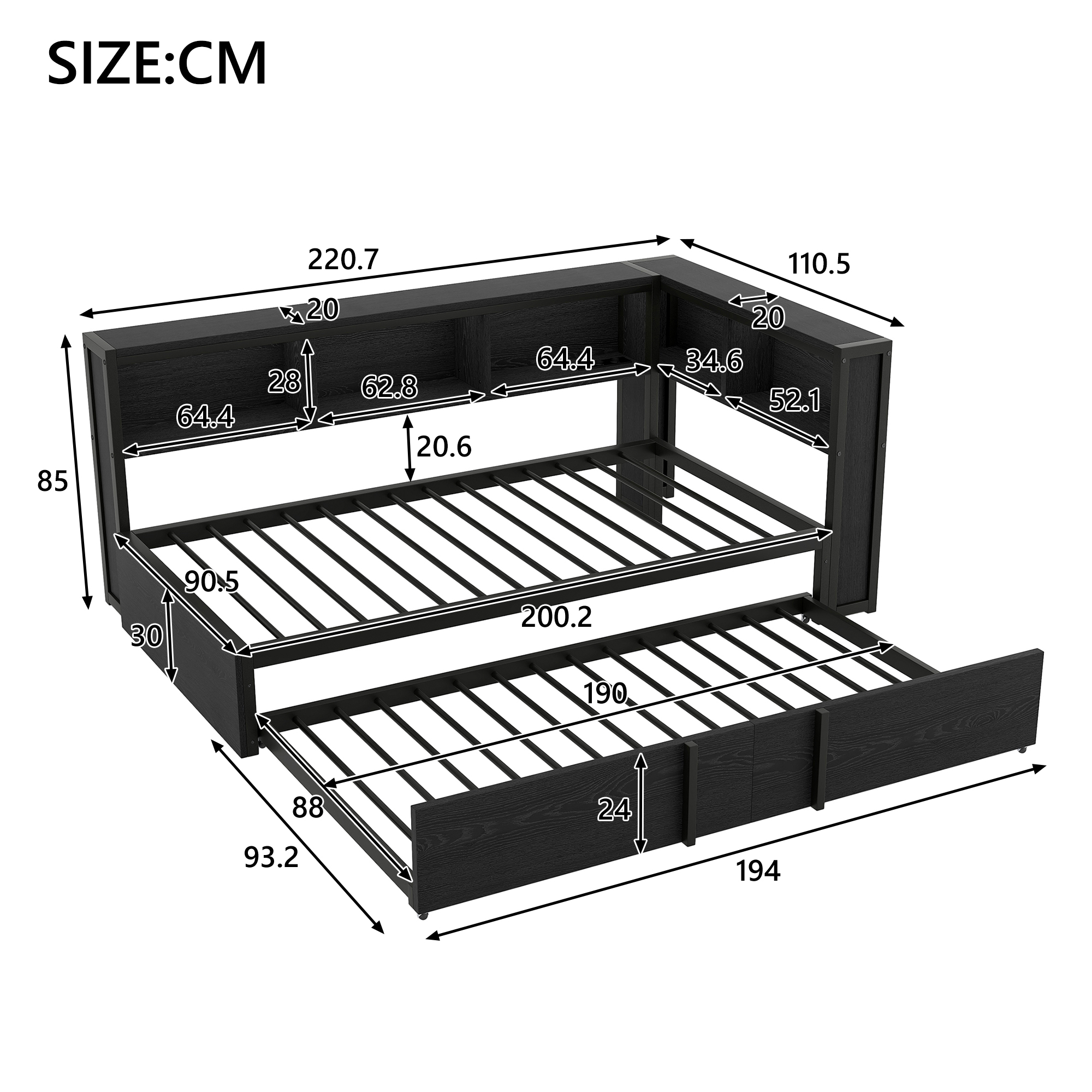 Lit 90 x 200 cm avec LED USB Type-C rangements noir - points forts 1