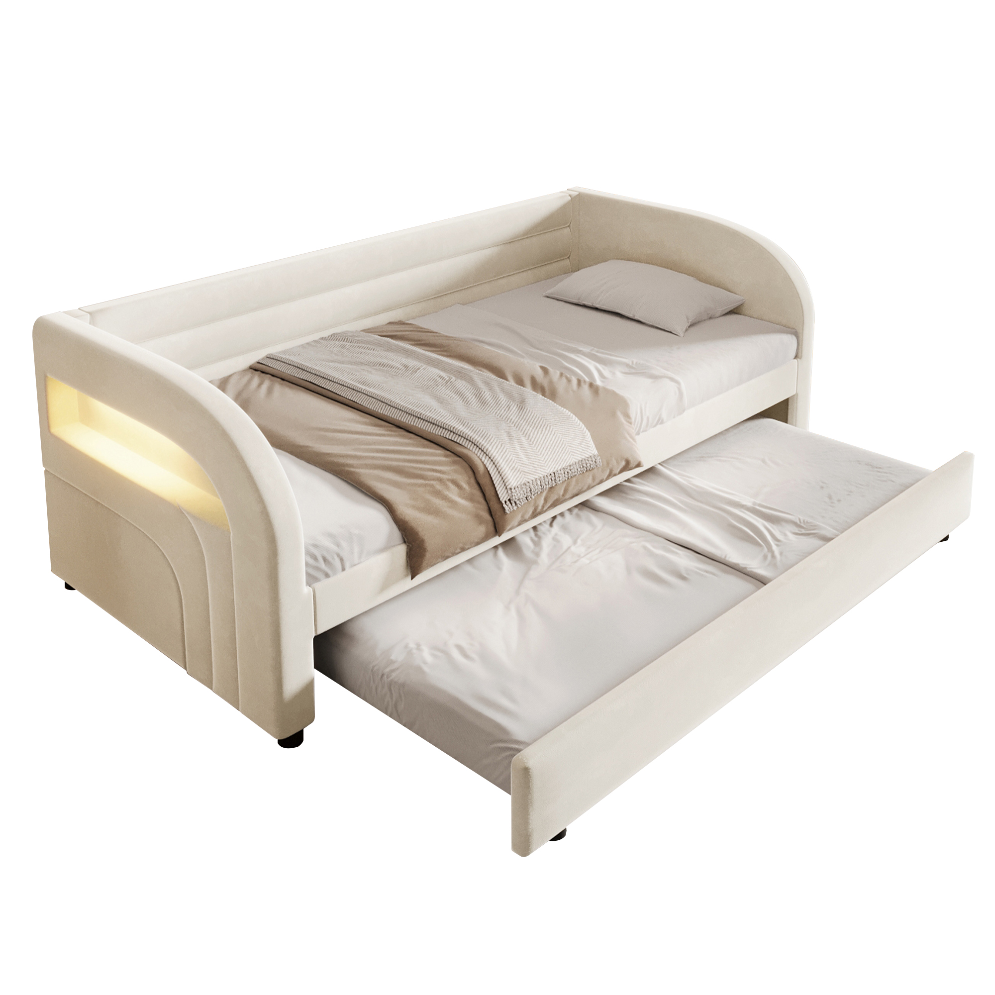 Lit plateforme 90x200 cm avec lit gigogne, LED flannelette beige - spécifications 1