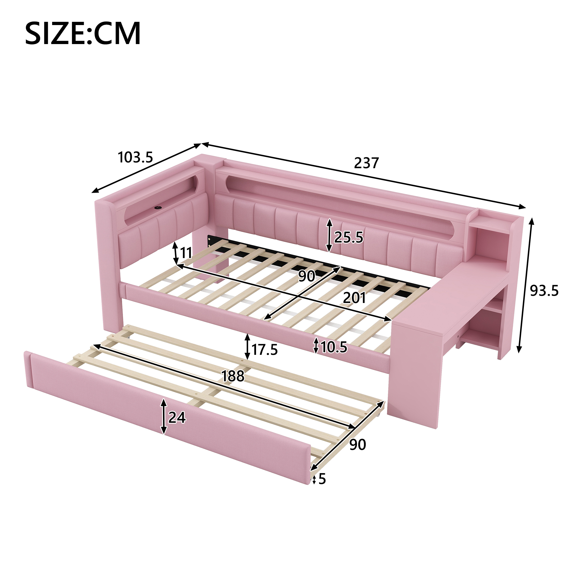 Lit banquette 90x200 cm,en bois,lit gigogne,rangement intégré,bureau intégré,éclairage LED,port USB,rose,lit 1 place