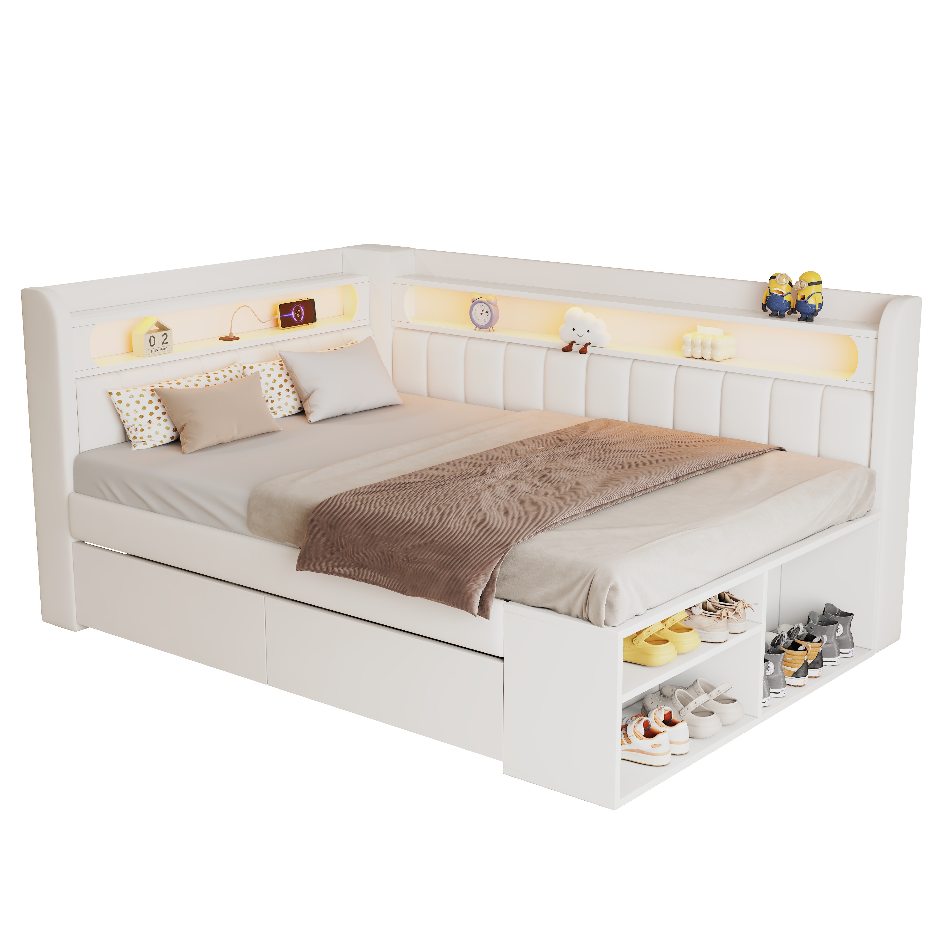 Lit banquette convertible 90x200 cm,en bois,couchage gigogne,bureau intégré,éclairage LED,port USB,blanc,lit 1 place,lit avec rangement intégré