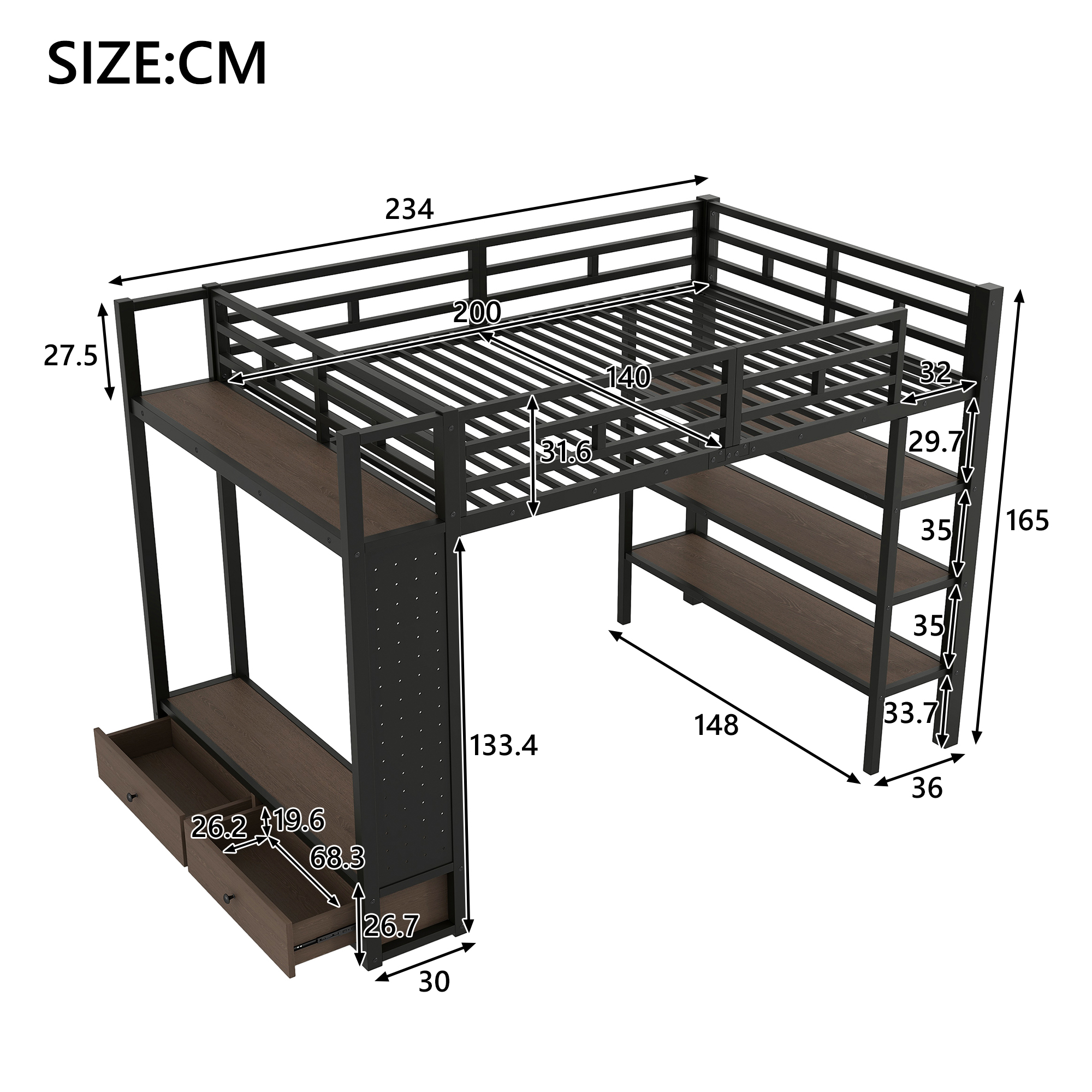 Dimensions lit mezzanine 140x200 cm 234x148x165