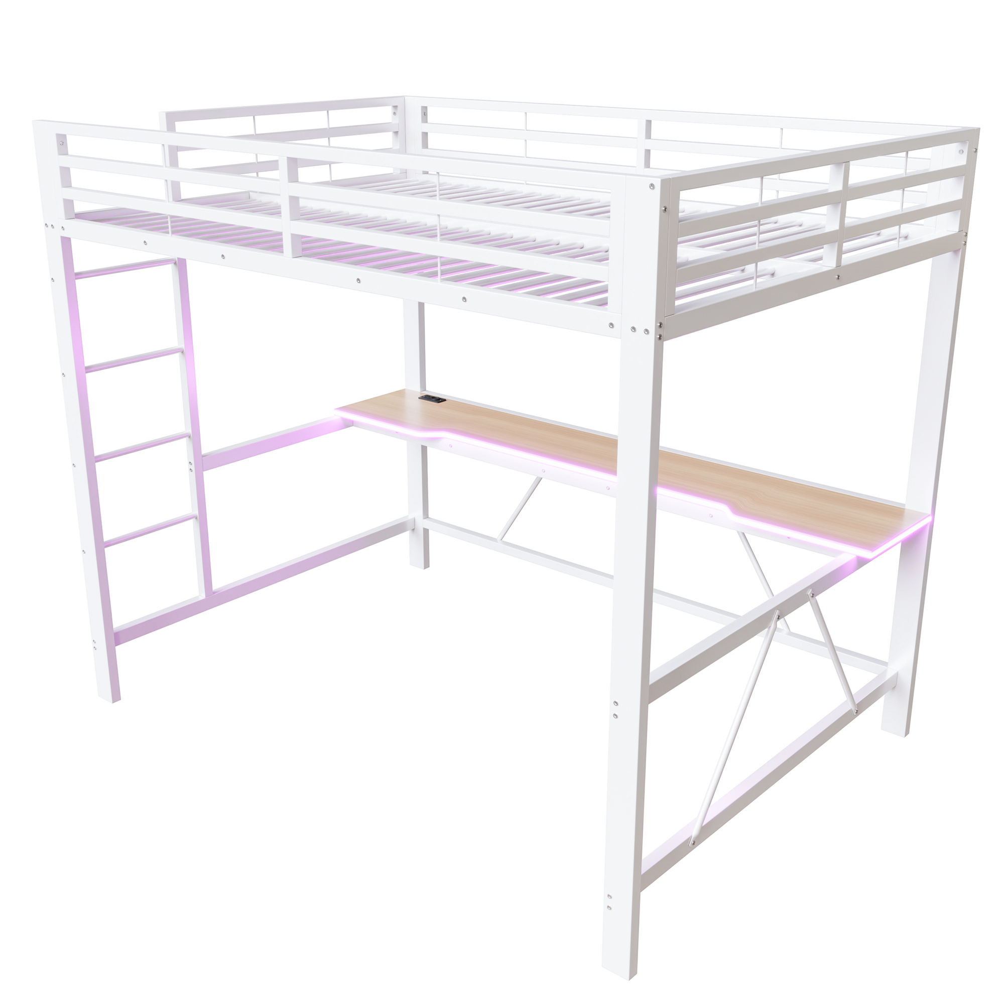 Lit mezzanine 140 x 200 cm, bureau intégré, éclairage LED sous le couchage, port USB, garde-corps, métal, blanc, 204 x 145 x 180 cm - points forts 1