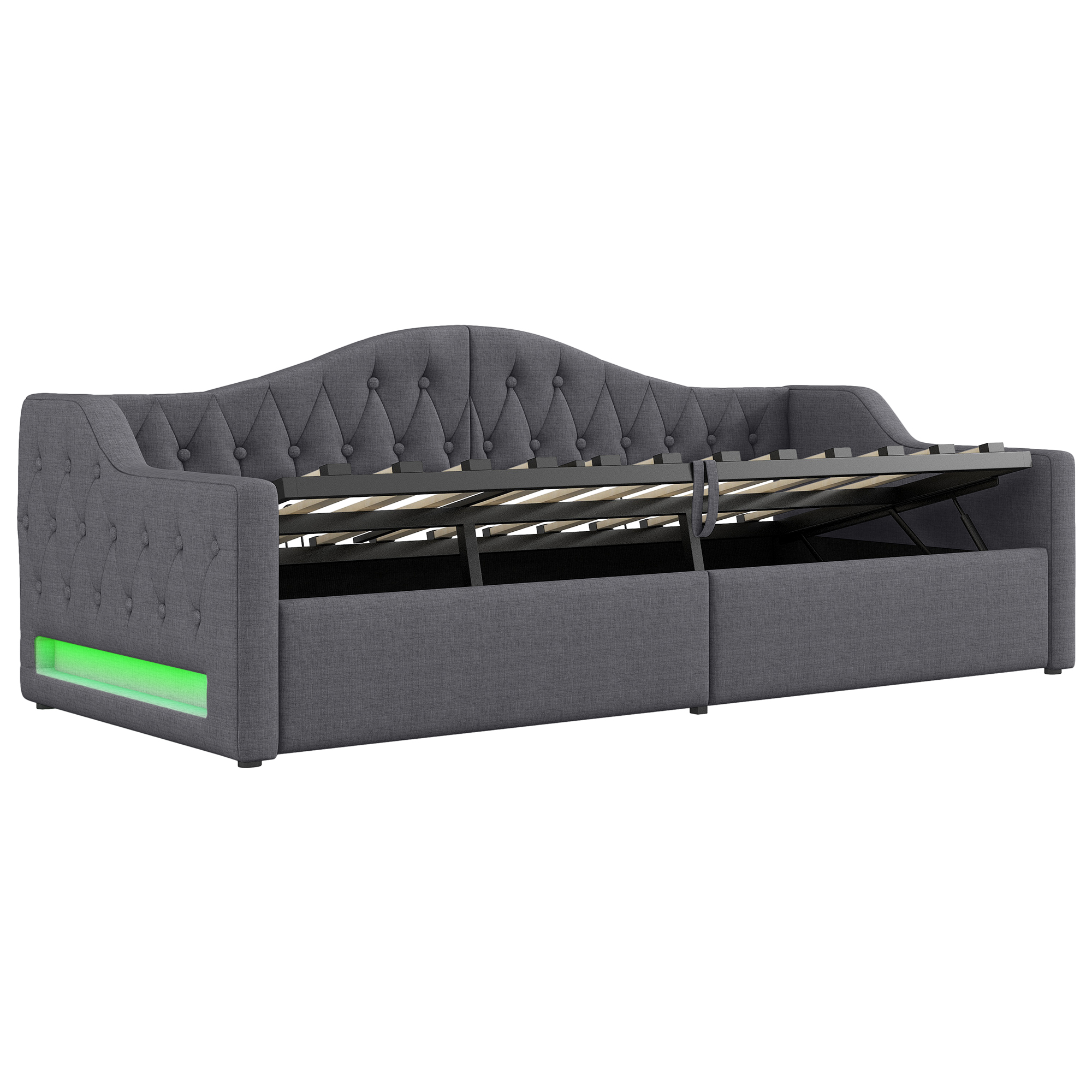 Lit banquette convertible 90x200 cm,en bois,couchage gigogne,rangement intégré,éclairage LED,gris,lit 1 place,lit avec rangement intégré