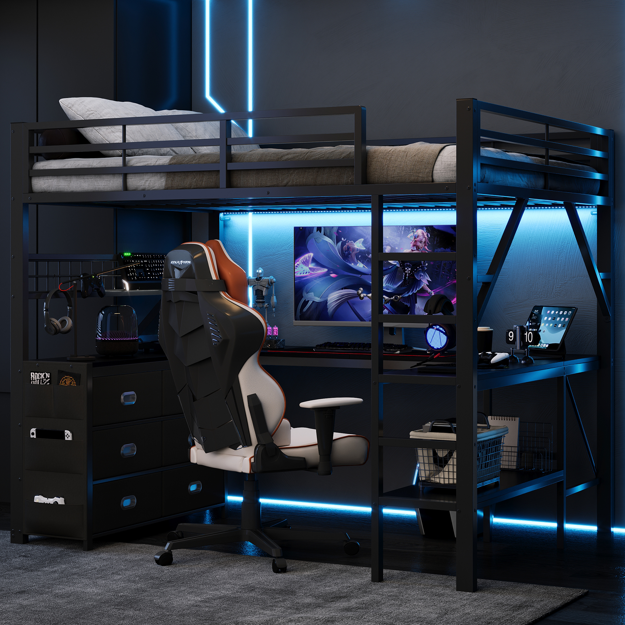 Lit Superposé Gaming 140×200 cm – Bureau & Rangements Multiples – Éclairage LED personnalisable