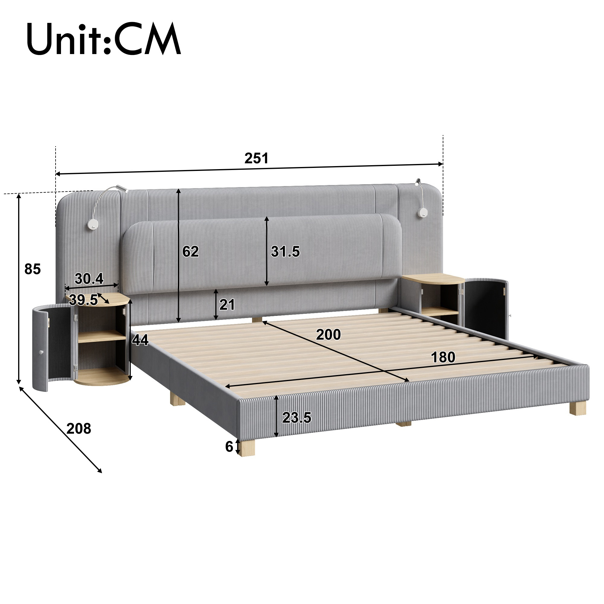 Fonctions de lit double 180x200 cm en velours côtelé gris avec chevets intégrés et éclairage LED