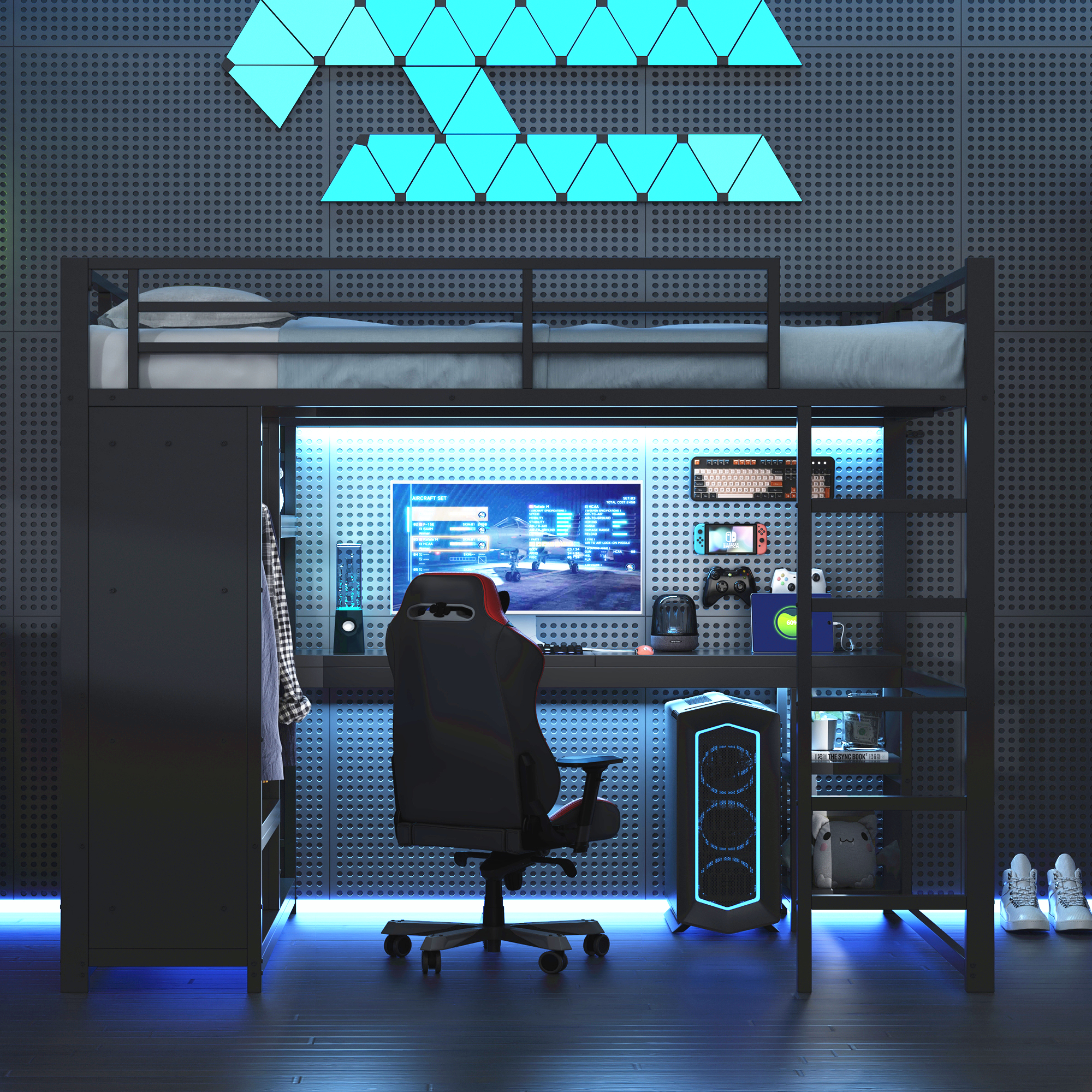 Lit mezzanine 140 x 200 cm, bureau intégré, échelle, penderie intégrée, éclairage LED au niveau du bureau, métal, noir, 204 x 145 x 180 cm - vue principale 1