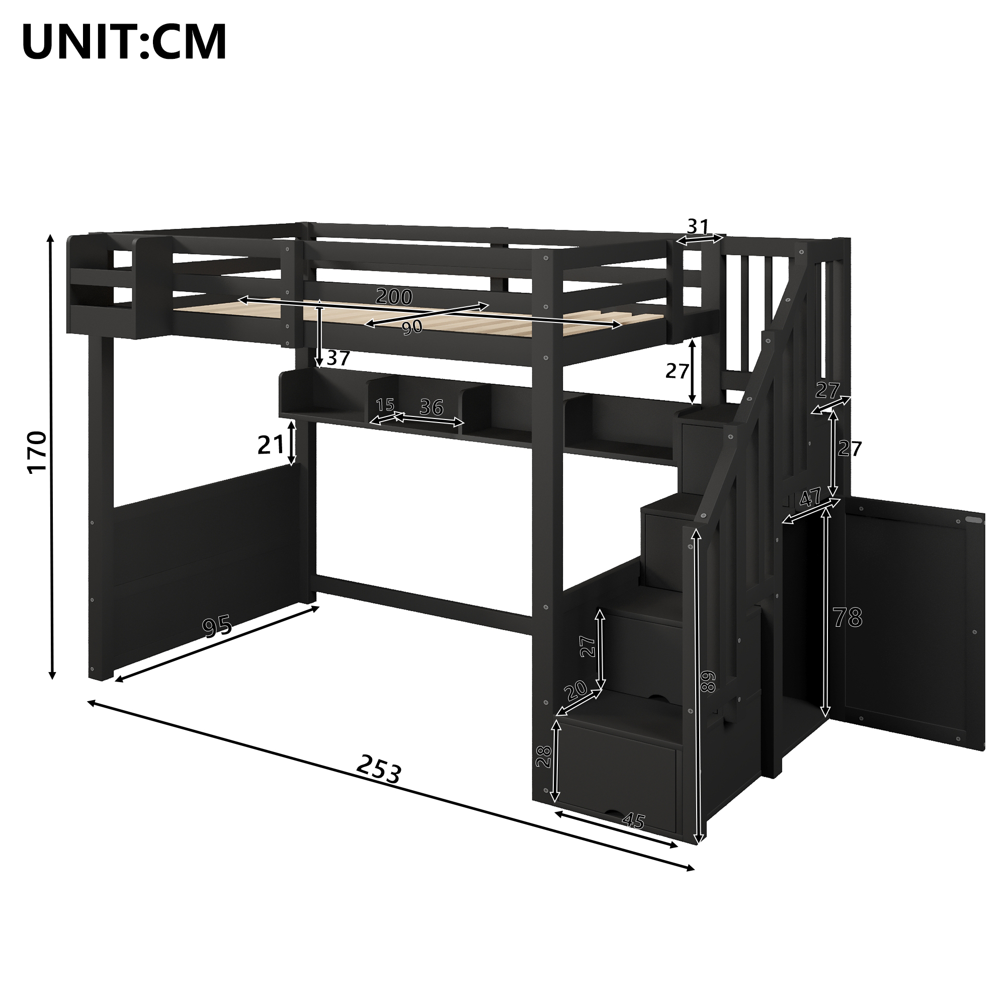 Lit mezzanine 90 x 200 cm, escalier de rangement, penderie intégrée, éclairage LED sous le couchage, garde-corps, bois de pin, noir, 253 x 95 x 170 cm - vue complémentaire 1
