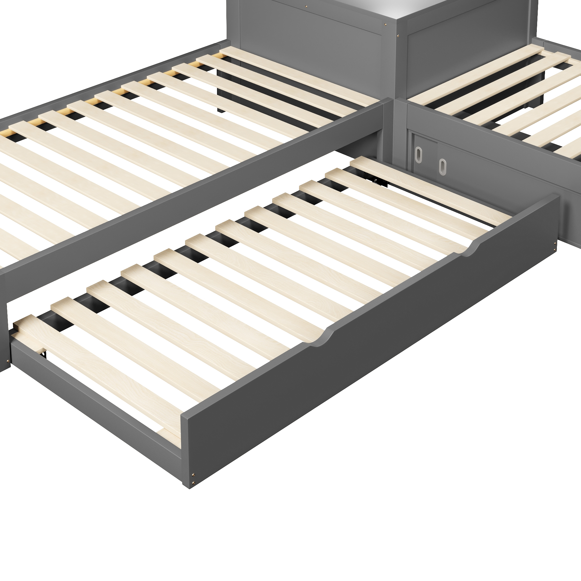 Lit plateforme 90x200 cm,en bois,lit enfant,lit gigogne,rangement à portes coulissantes,éclairage LED,gris