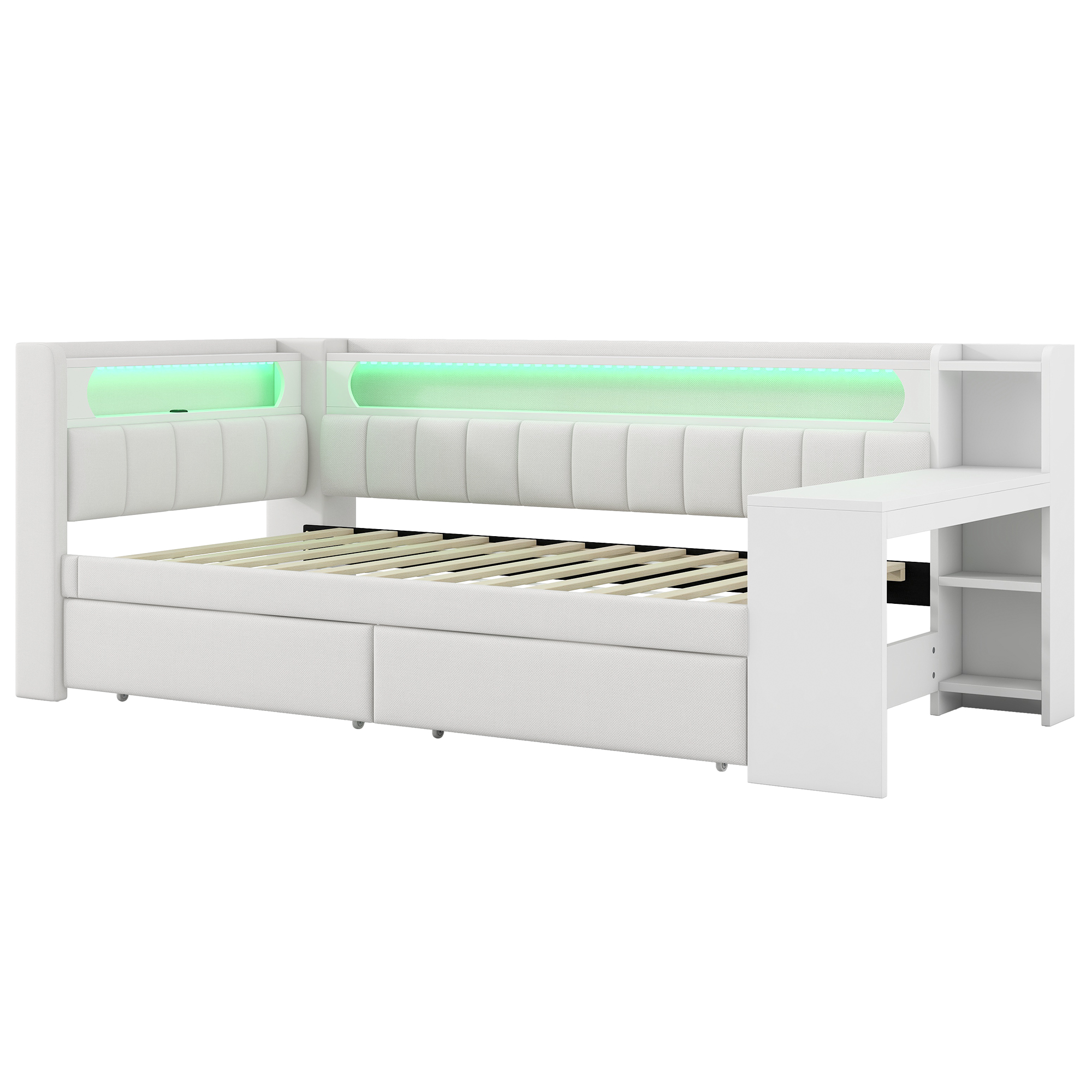 Lit banquette 90x200 cm,en bois,tiroirs de rangement,bureau intégré,éclairage LED,port USB,blanc,lit 1 place,lit avec rangement intégré
