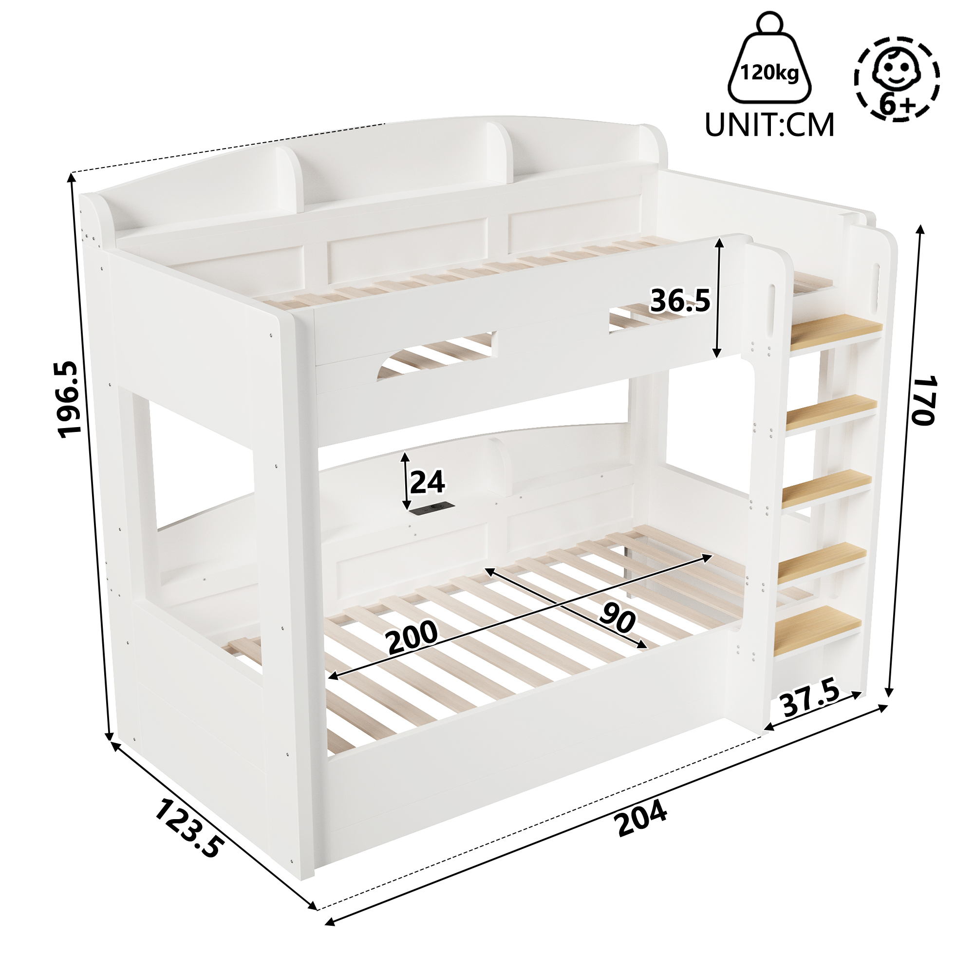 Lit mezzanine 90 x 200 cm, prise intégrée, rangements intégrés, bois de pin, blanc, 123,5 x 204 x 196,5 cm - vue complémentaire 1