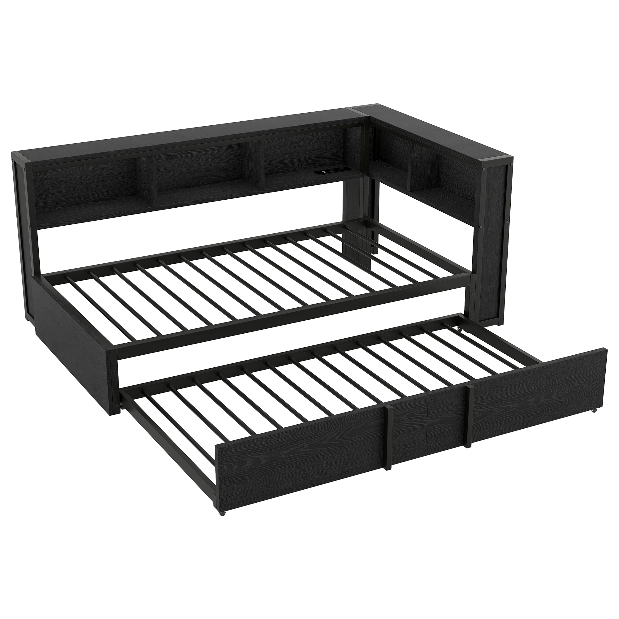 Lit banquette 90x200 cm,en métal,lit gigogne,rangement intégré,éclairage LED,port USB,noir,lit 1 place