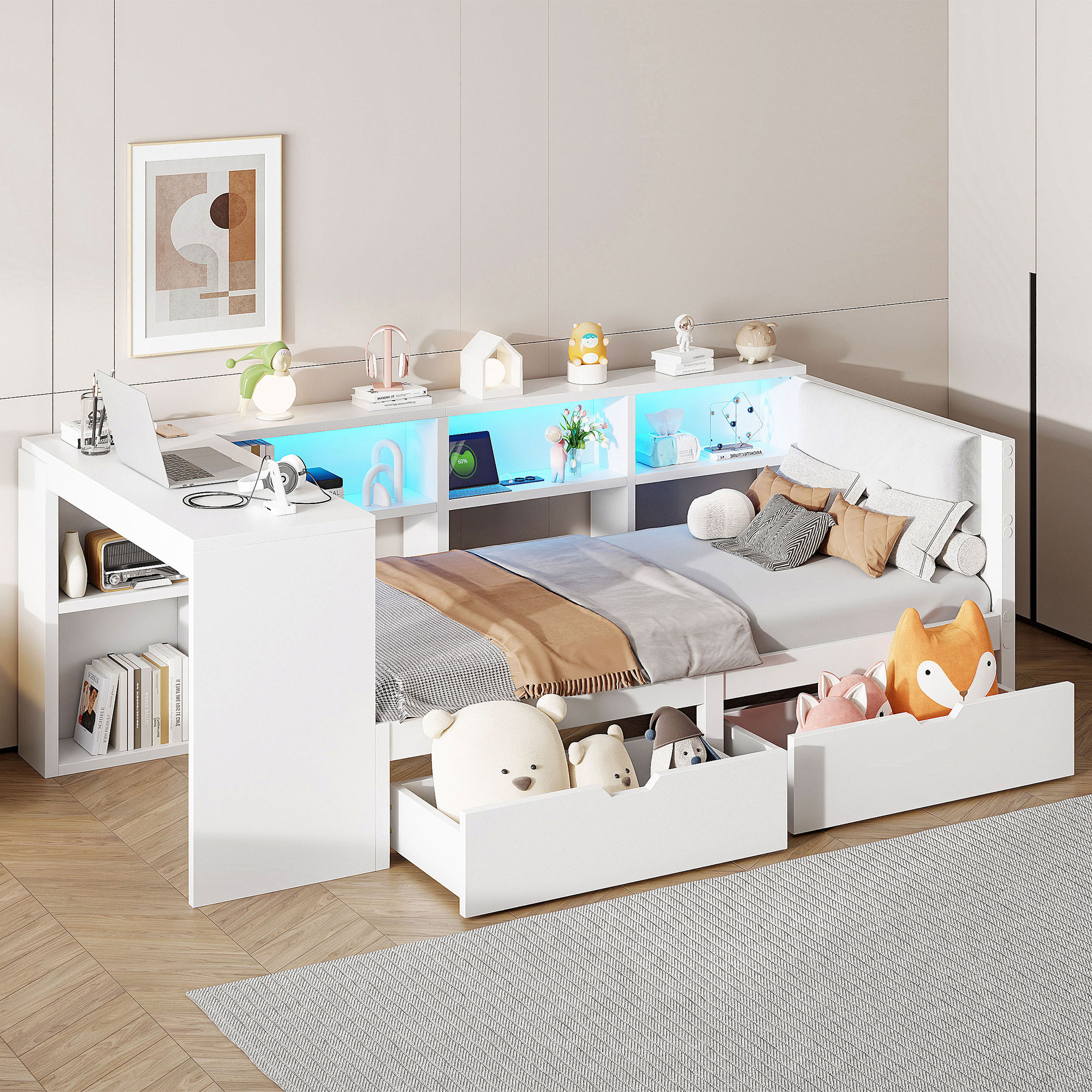 90x200 Holz-Plattformbett mit Ablageflächen, Schub