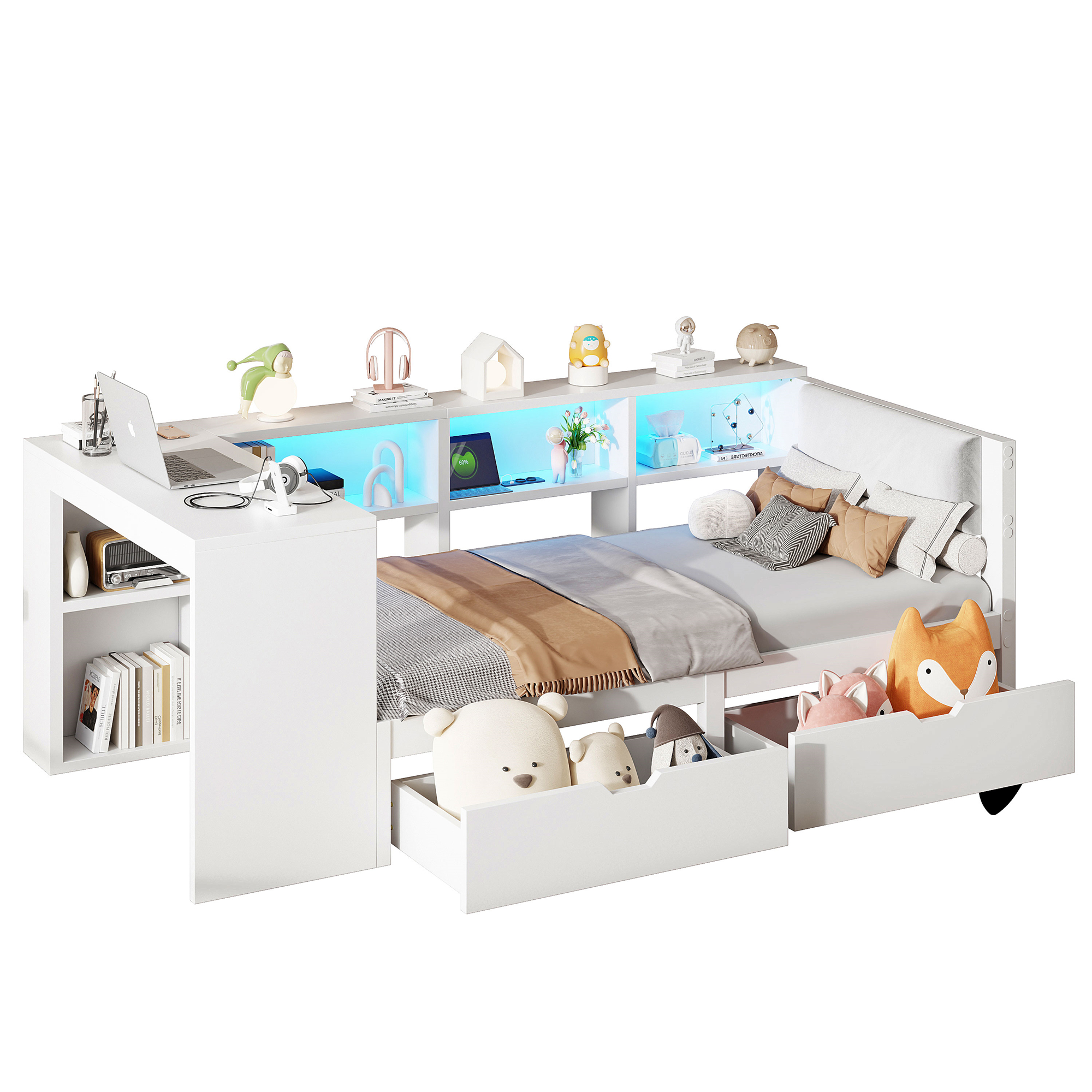 Lit / lit de chambre 90 x 200 cm avec éclairage LED, port USB / Type-C, prises intégrées, rangements intégrés, blanc - points forts 1