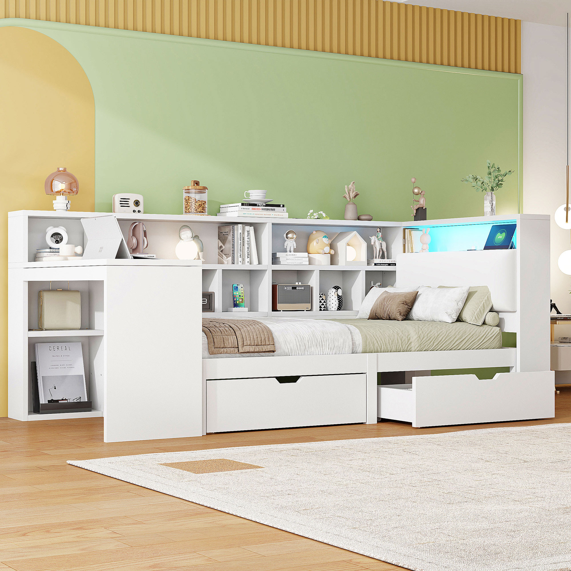 90x200 L-förmiges Holz-Plattformbett mit Schreibti