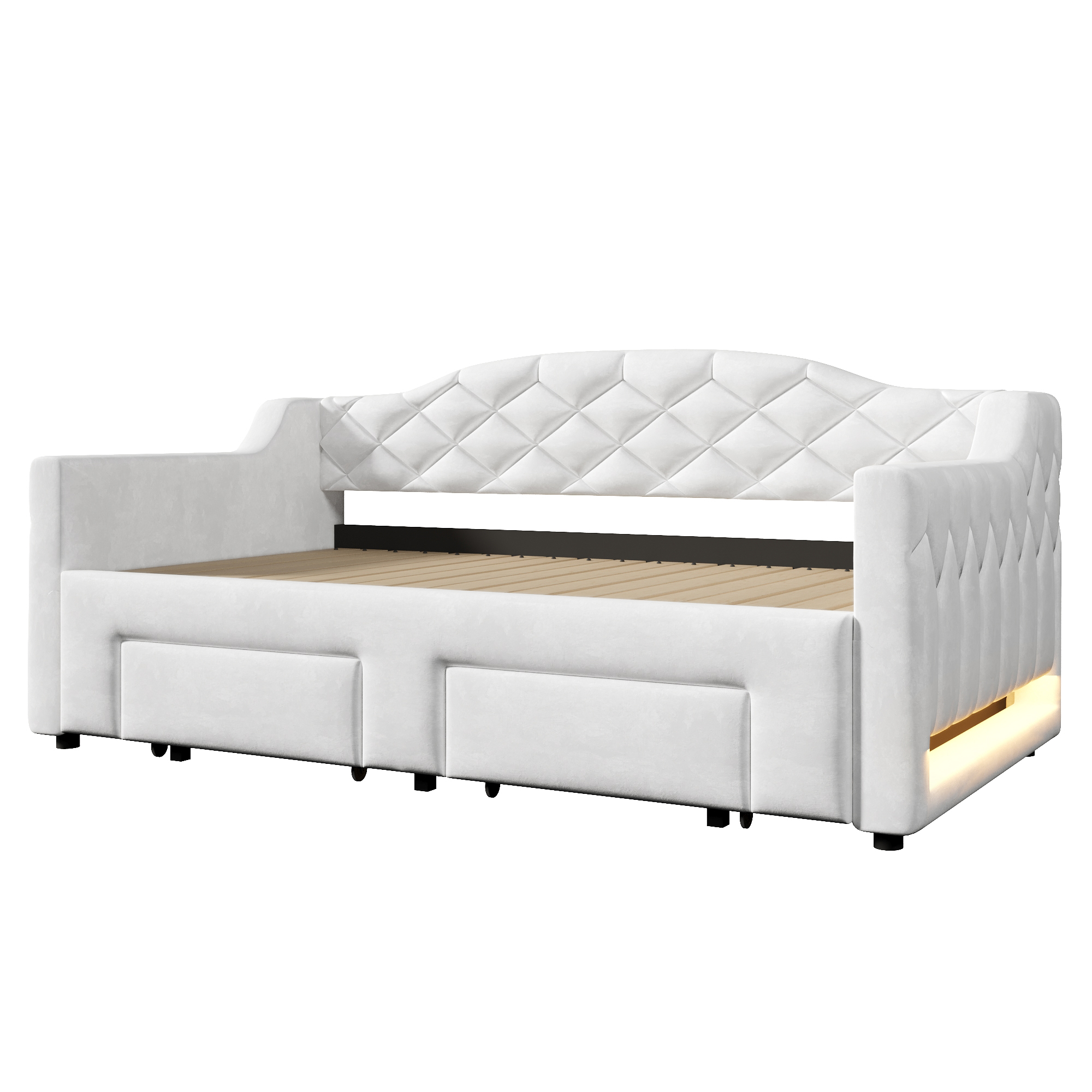 Lit banquette convertible 90x200 cm extensible à 180x200 cm,en bois,lit enfant,couchage gigogne,éclairage LED,blanc