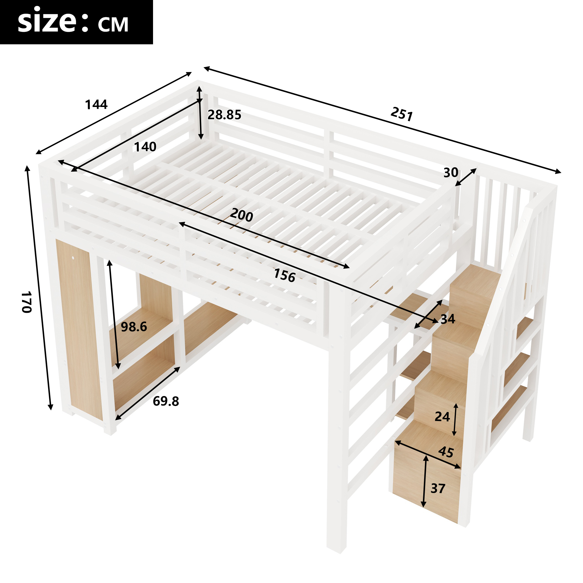 Lit mezzanine 140 x 200 cm avec éclairage LED, port USB / Type-C, rangements intégrés, bureau intégré, blanc - vue complémentaire 1