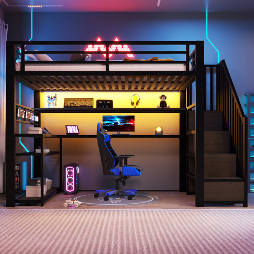 Lit mezzanine 90x200 cm avec bureau et armoire - vue d'ensemble