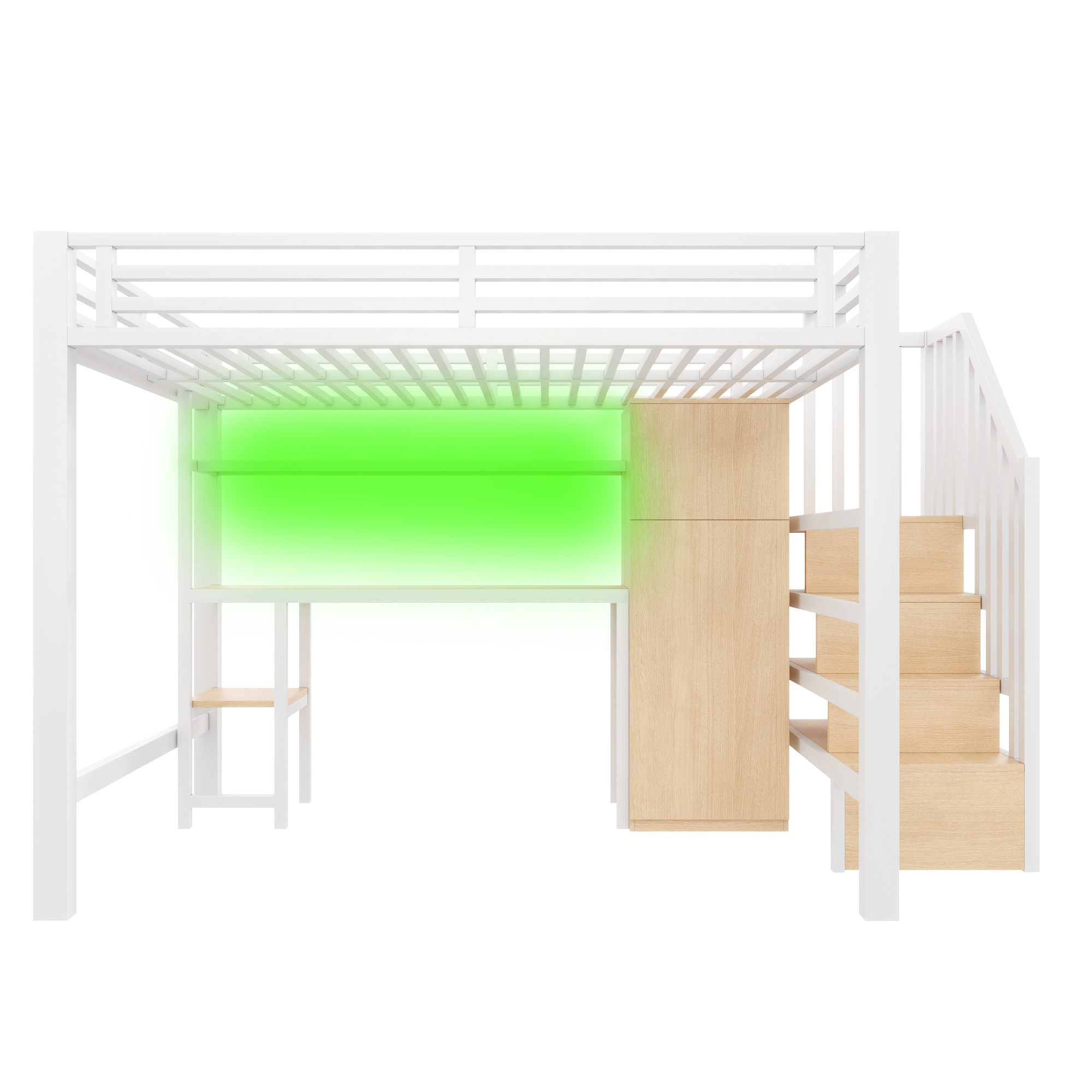 Lit mezzanine 140 x 200 cm, bureau intégré, escalier de rangement, penderie intégrée, éclairage LED au niveau du bureau, métal, blanc, 251 x 144 x 169,4 cm - spécifications 1