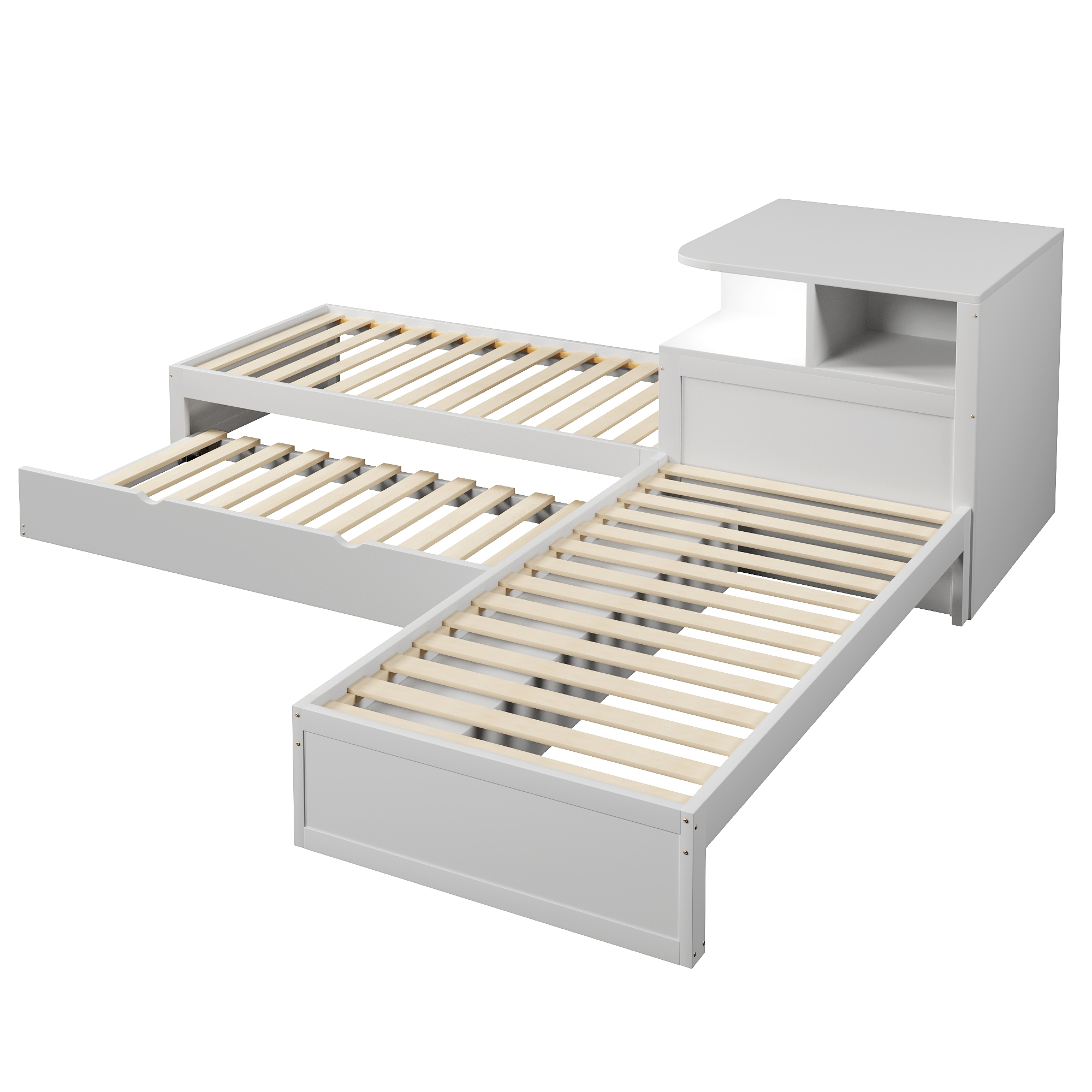 Lit plateforme 90x200 cm,en bois,lit enfant,lit gigogne,rangement à portes coulissantes,éclairage LED,blanc