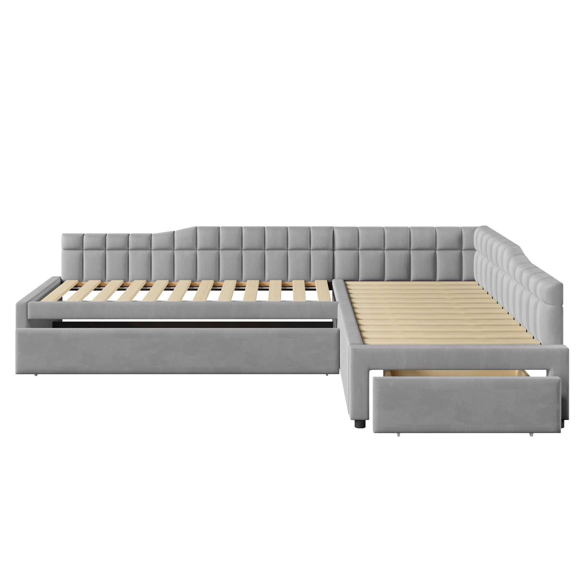 Lit rembourré 90 x 200 cm, lit gigogne 90 x 200 cm, tiroirs de rangement, MDF, gris, 295,5 x 95,5 x 57,5 cm 🛏️↔ - points forts 1