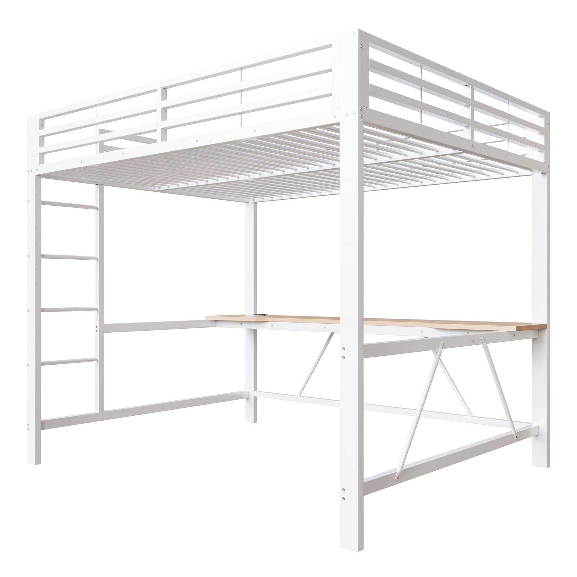 Lit mezzanine 160x200 cm,en métal,lit enfant,rangement intégré,bureau intégré,éclairage LED,port USB,blanc,lit mezzanine avec bureau