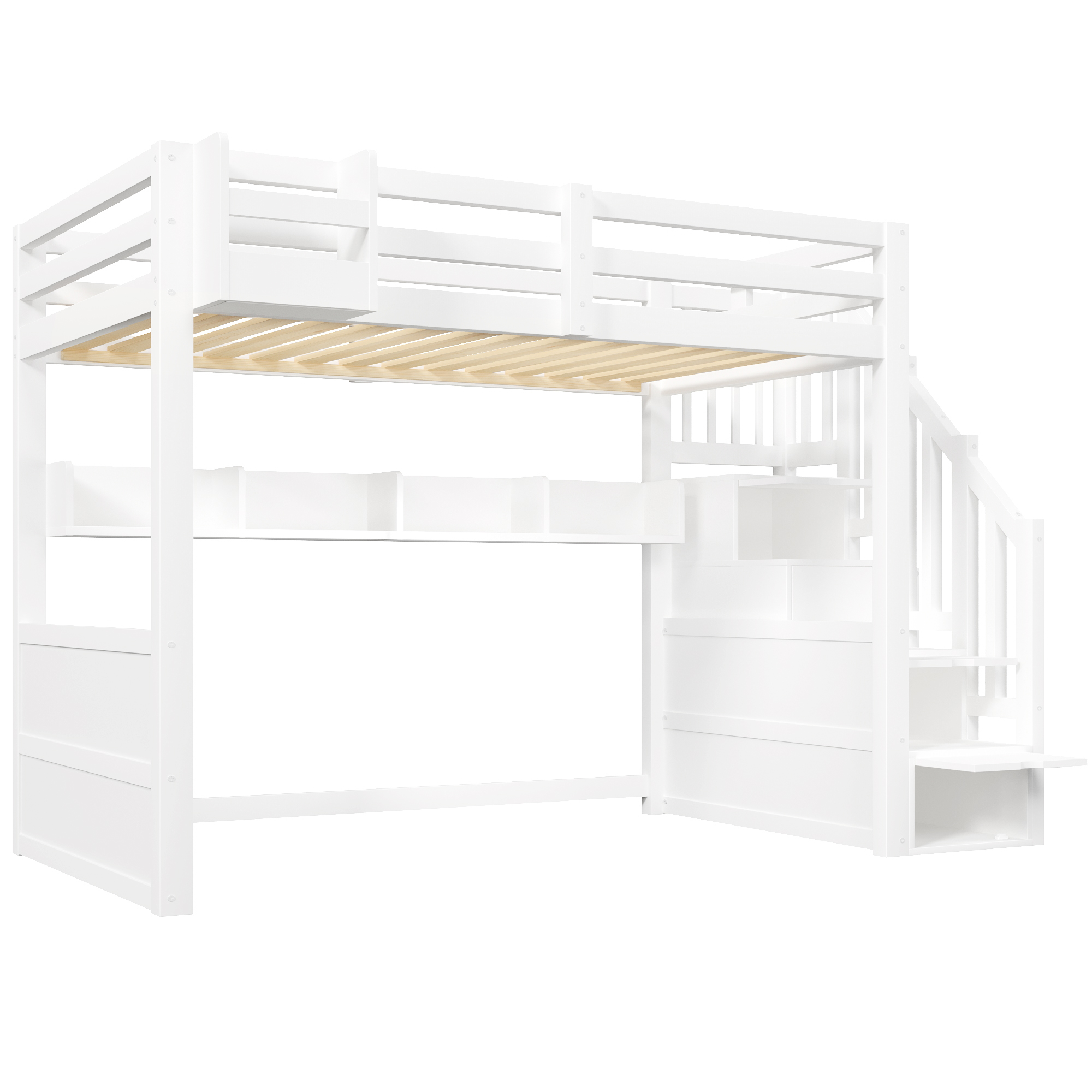 Lit mezzanine 90 x 200 cm, escalier de rangement, penderie intégrée, éclairage LED sous le couchage, garde-corps, bois de pin, blanc, 253 x 95 x 170 cm - spécifications 1