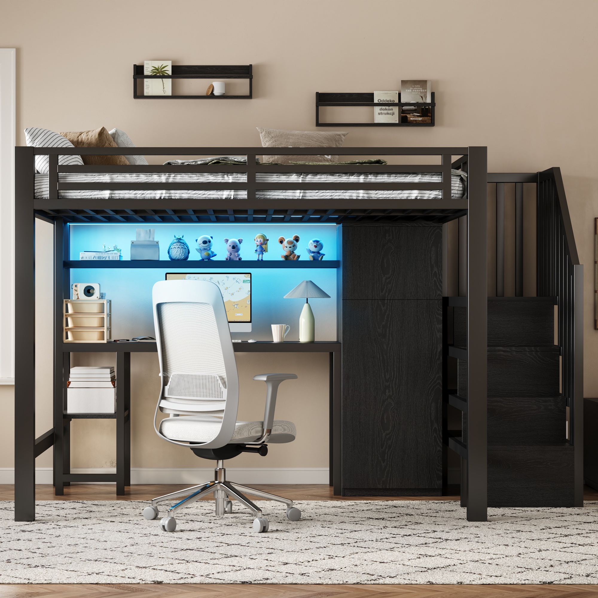 Lit mezzanine 140 x 200 cm, bureau intégré, escalier de rangement, penderie intégrée, éclairage LED au niveau du bureau, métal, noir, 251 x 144 x 149,4 cm - vue principale 1