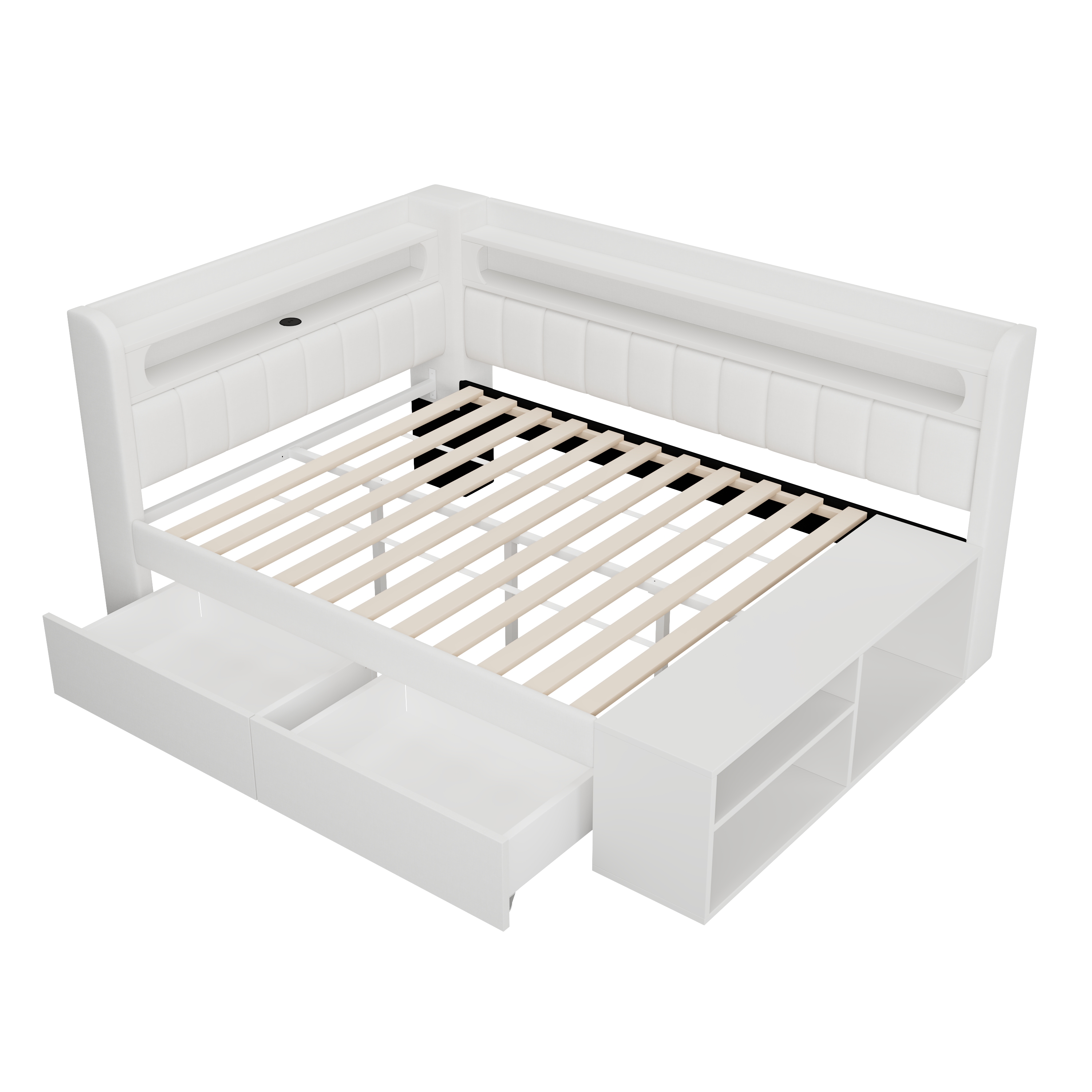 Lit banquette convertible 90x200 cm,en bois,couchage gigogne,bureau intégré,éclairage LED,port USB,blanc,lit 1 place,lit avec rangement intégré