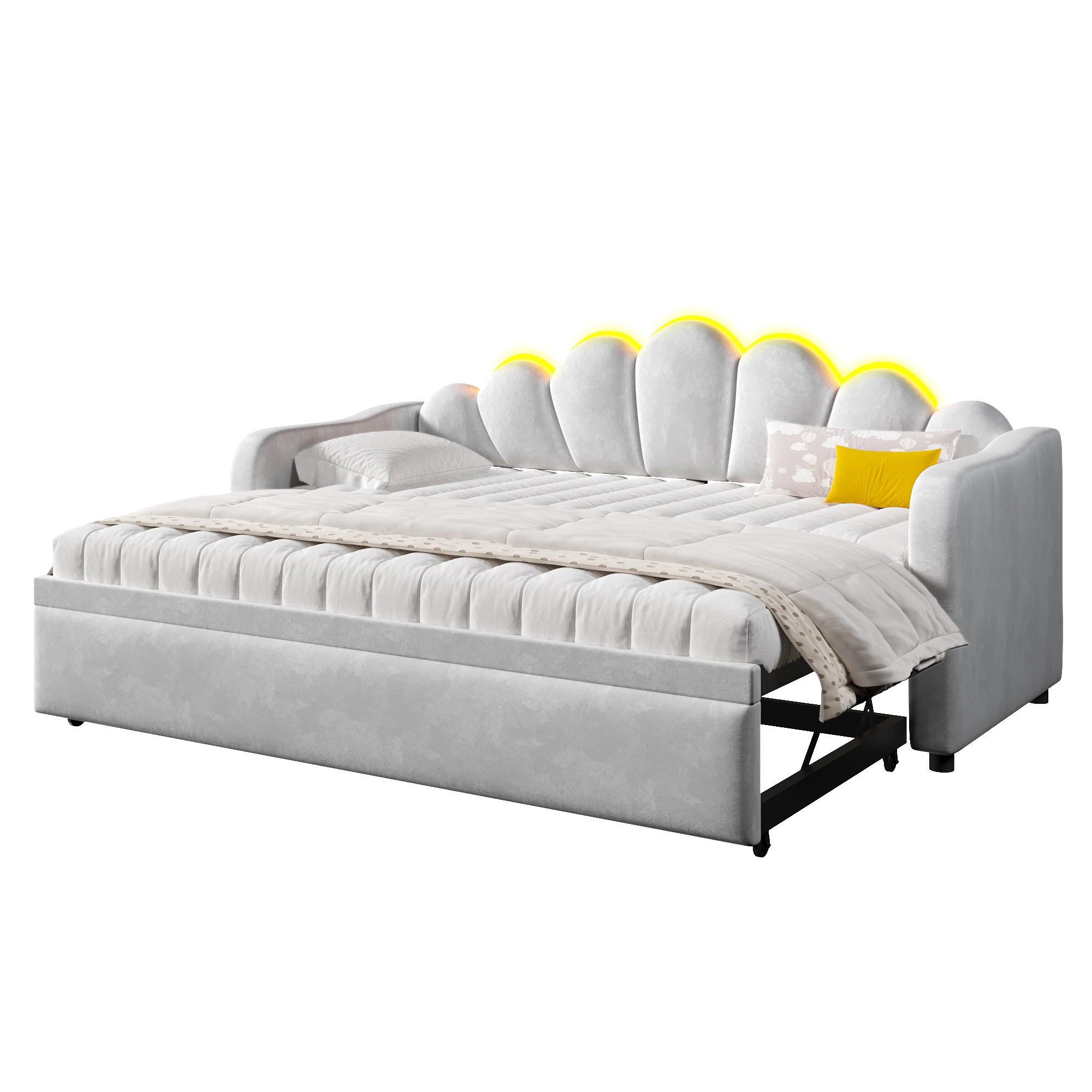 Lit banquette 90x200 cm,en bois,lit gigogne,éclairage LED,gris,lit 1 place