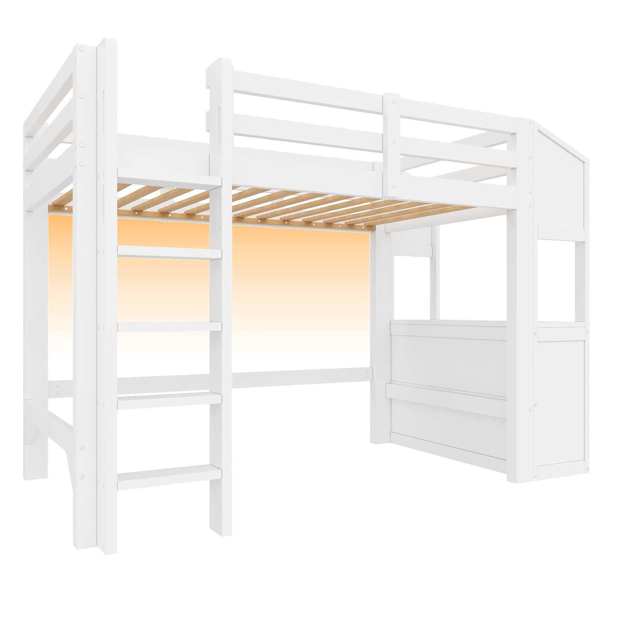 Lit mezzanine 90 x 200 cm, 3 tiroirs, éclairage LED sous le couchage, garde-corps, bois de pin, blanc, 240 x 106 x 170 cm - présentation 1