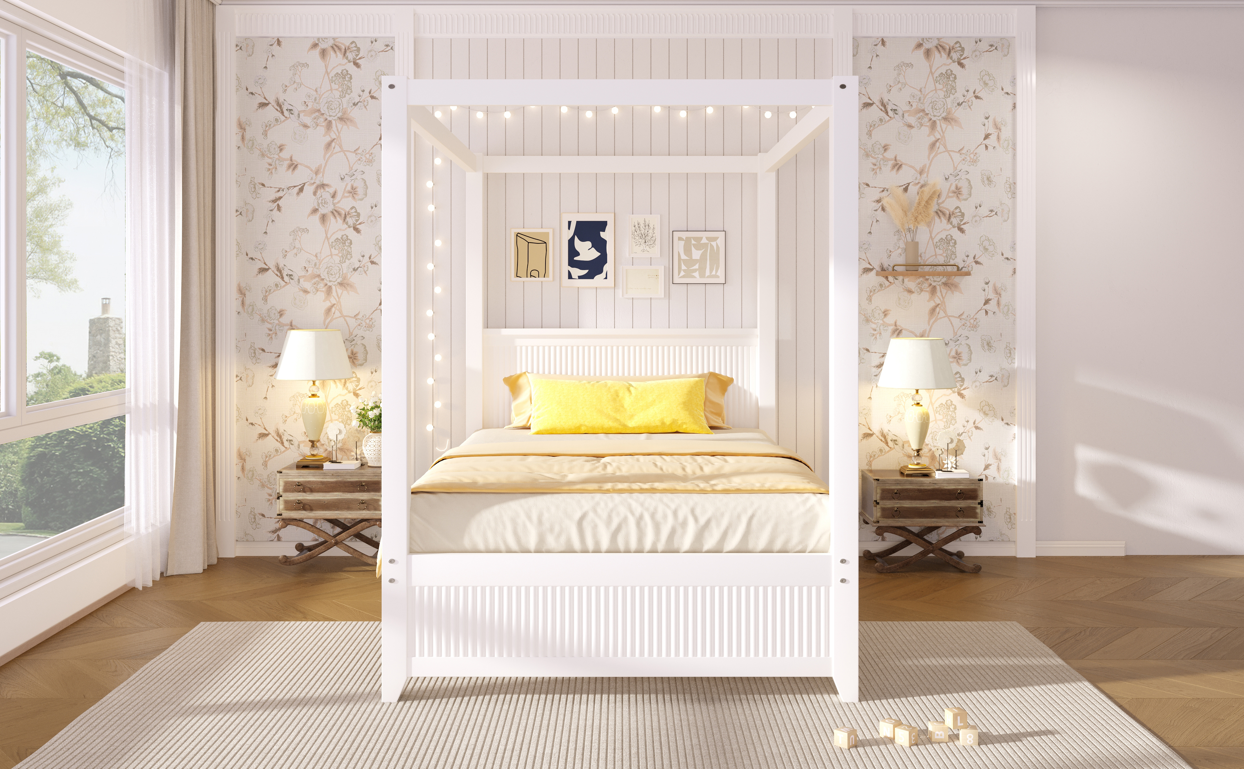 Lit cabane enfant 90x200 cm blanc avec cadre ciel de lit et structure bois