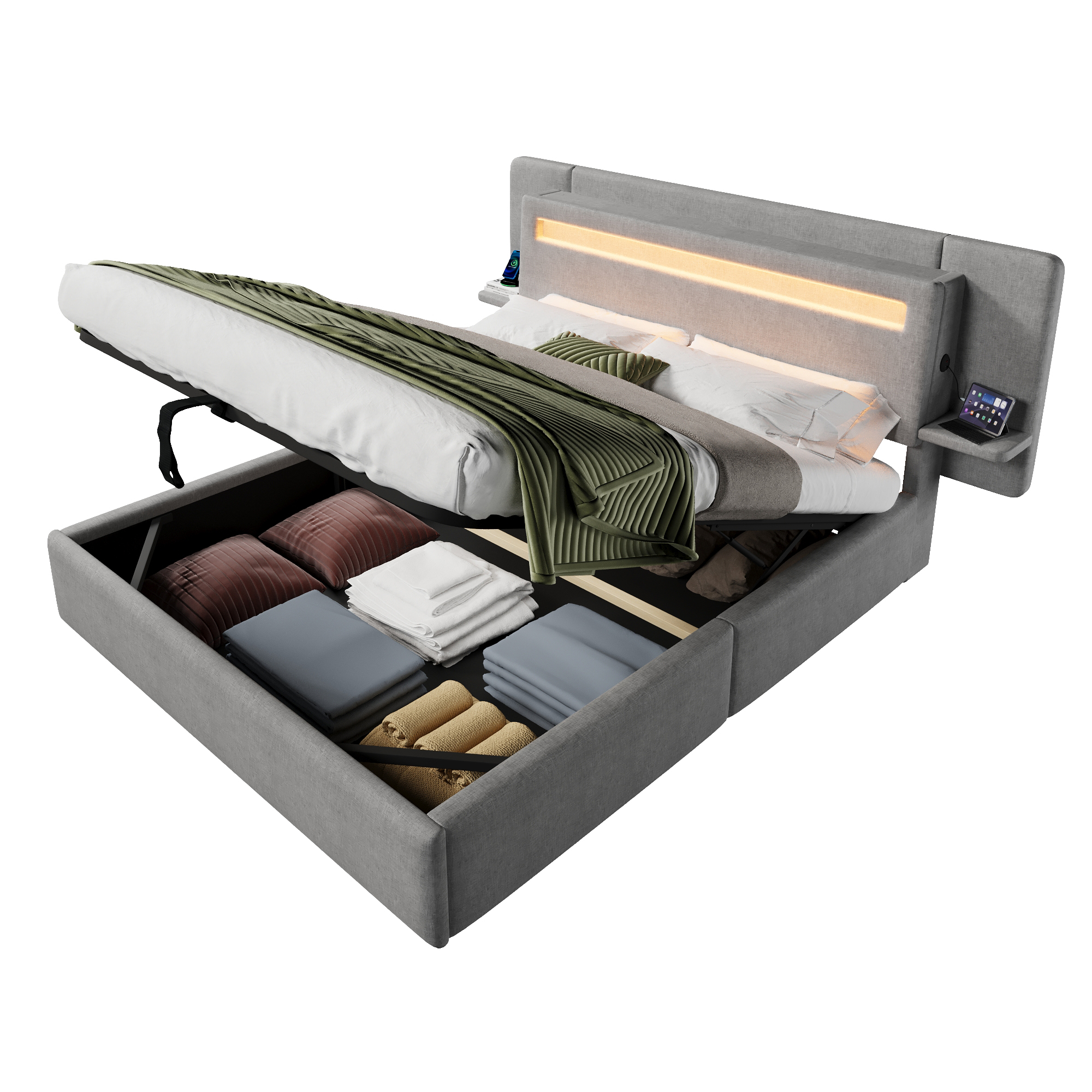 Lit banquette 140x200 cm,en lin,coffre de rangement hydraulique,éclairage LED,port USB,gris,lit 2 places,lit avec coffre de rangement