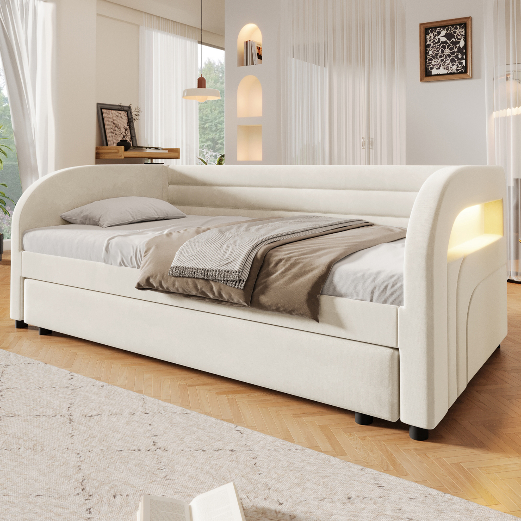 Lit plateforme 90x200 cm avec lit gigogne, LED flannelette beige - présentation 1