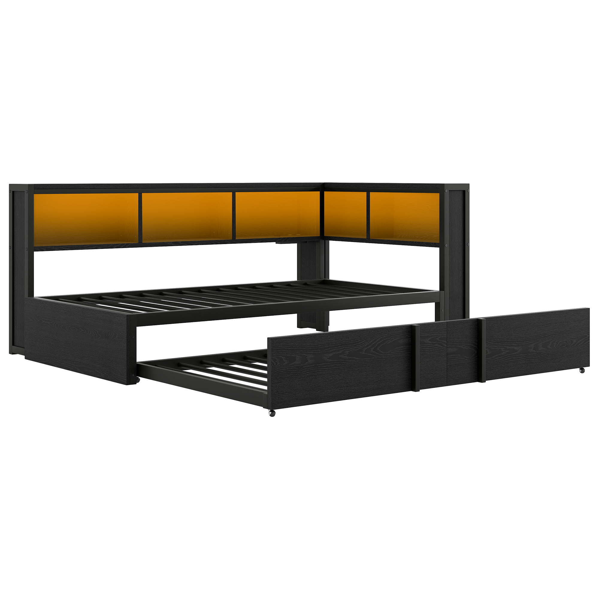 Lit banquette 90x200 cm,en métal,lit gigogne,rangement intégré,éclairage LED,port USB,noir,lit 1 place