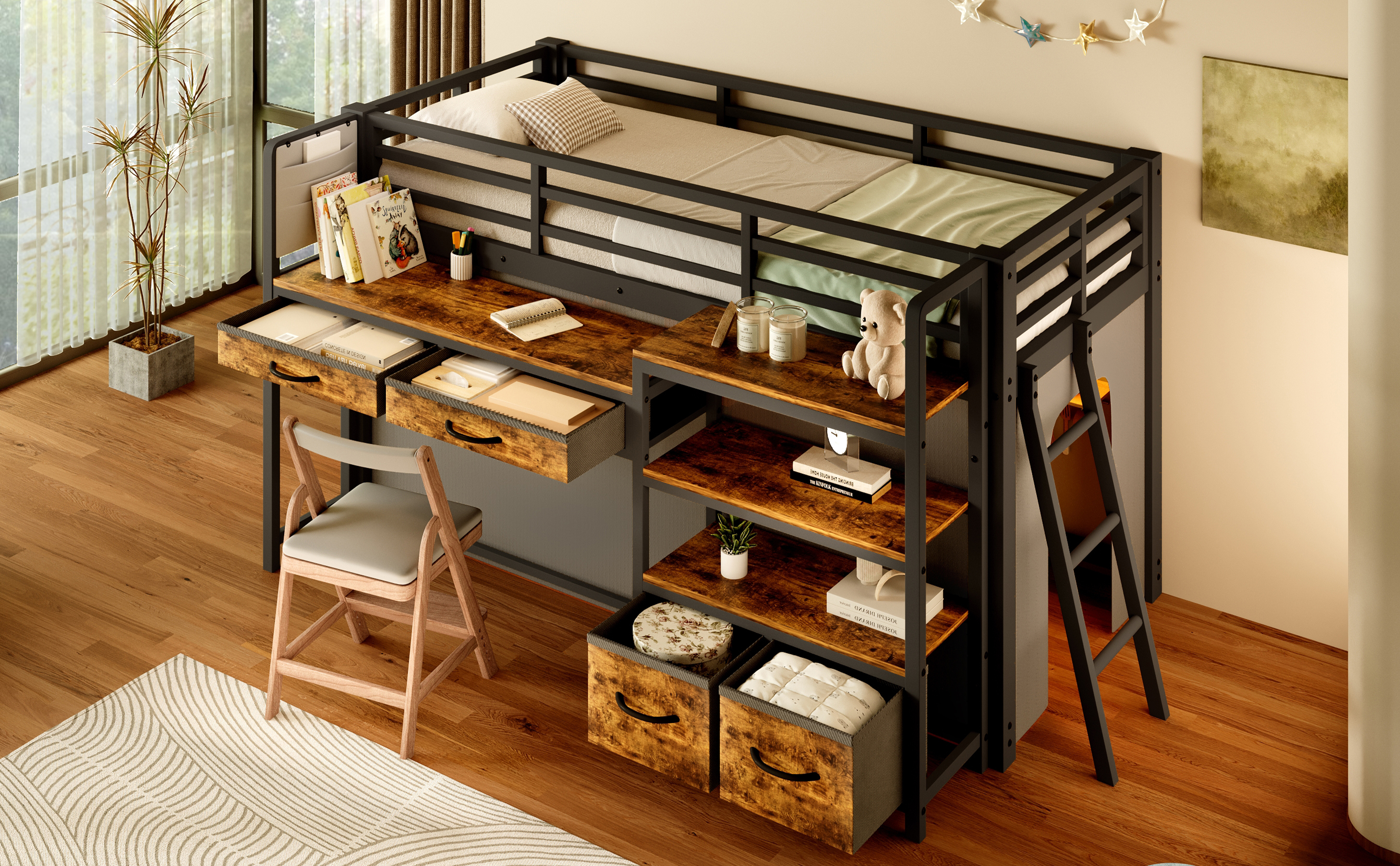 Lit mezzanine enfant 90x200 cm avec bureau étagères tiroirs tissu rideau LED noir