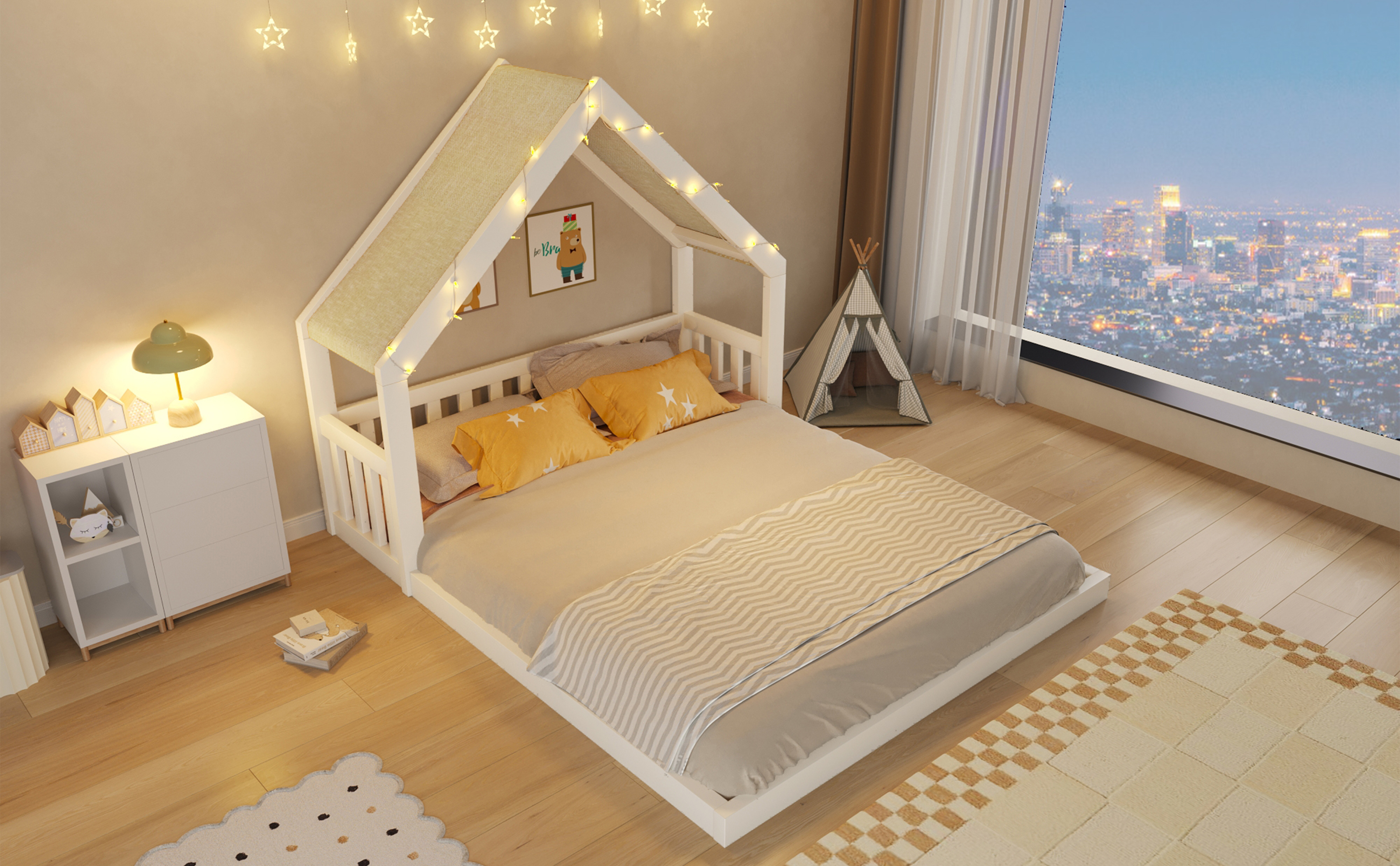 Lit cabane enfant 140x200 cm en bois avec toit en tissu et guirlande lumineuse blanc