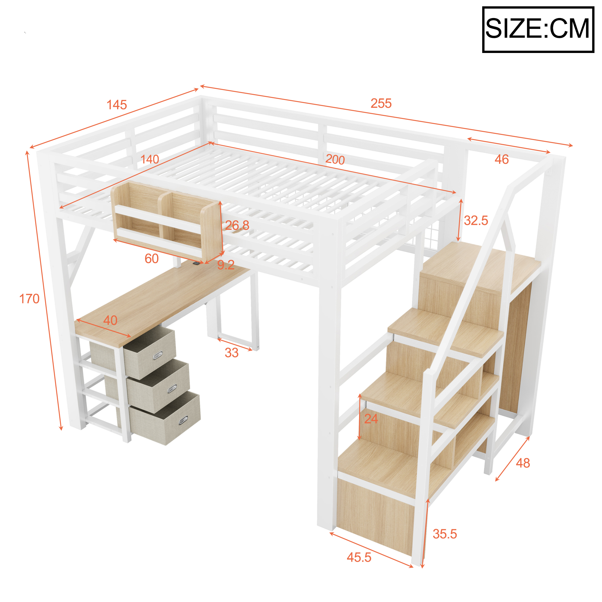 Lit mezzanine 140 x 200 cm, bureau intégré, escalier de rangement, penderie intégrée, 3 tiroirs, métal, blanc, 255 x 145 x 170 cm - vue complémentaire 1