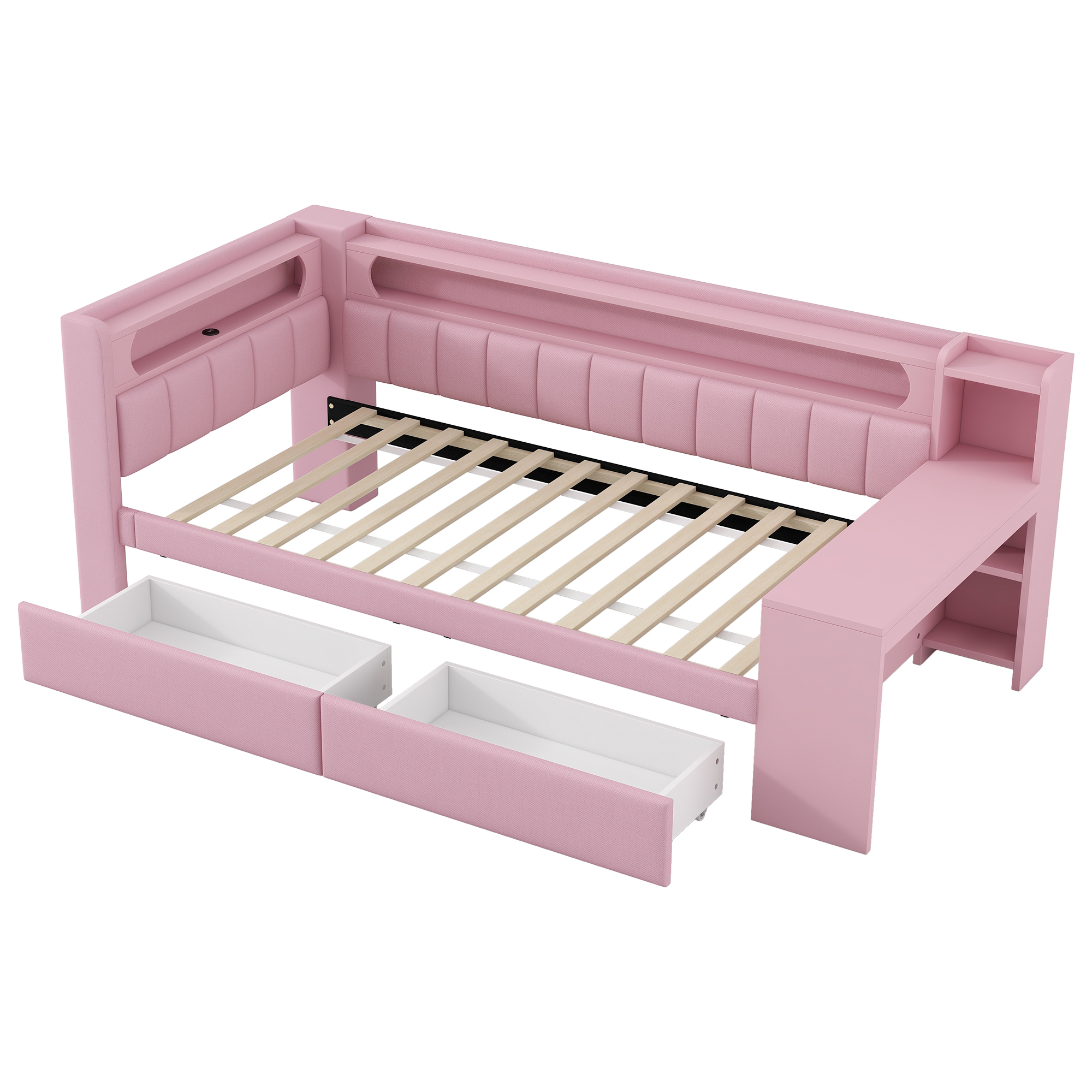 Lit banquette 90x200 cm,en bois,tiroirs de rangement,bureau intégré,éclairage LED,port USB,rose,lit 1 place,lit avec rangement intégré