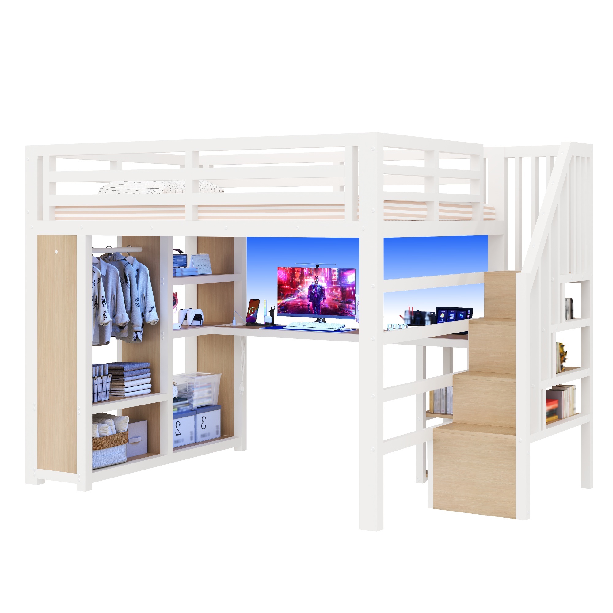 Lit mezzanine 140 x 200 cm avec éclairage LED, port USB / Type-C, rangements intégrés, bureau intégré, blanc - points forts 1
