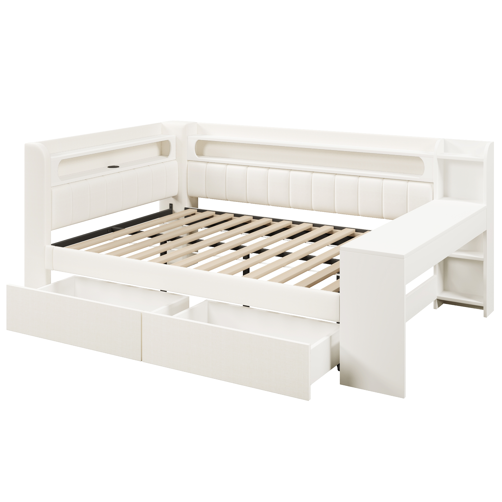 Lit banquette 140x200 cm,en bois,tiroirs de rangement,bureau intégré,éclairage LED,port USB,blanc,lit 2 places,lit avec rangement intégré