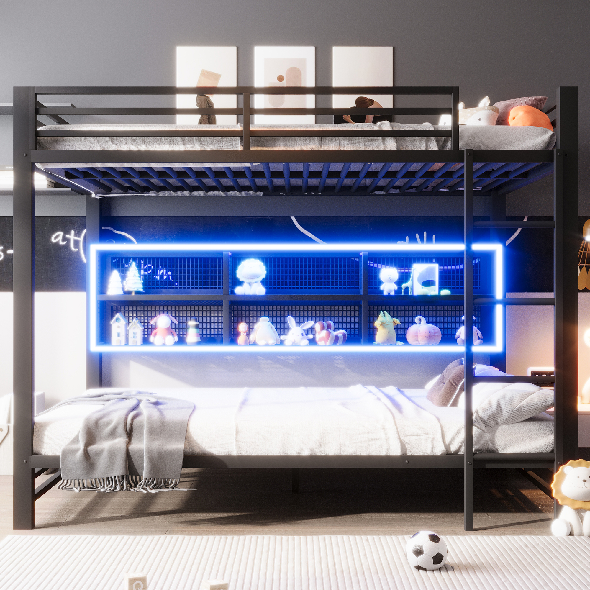 Lit superposé 140 x 200 cm avec éclairage LED, rangements intégrés, noir - présentation 1