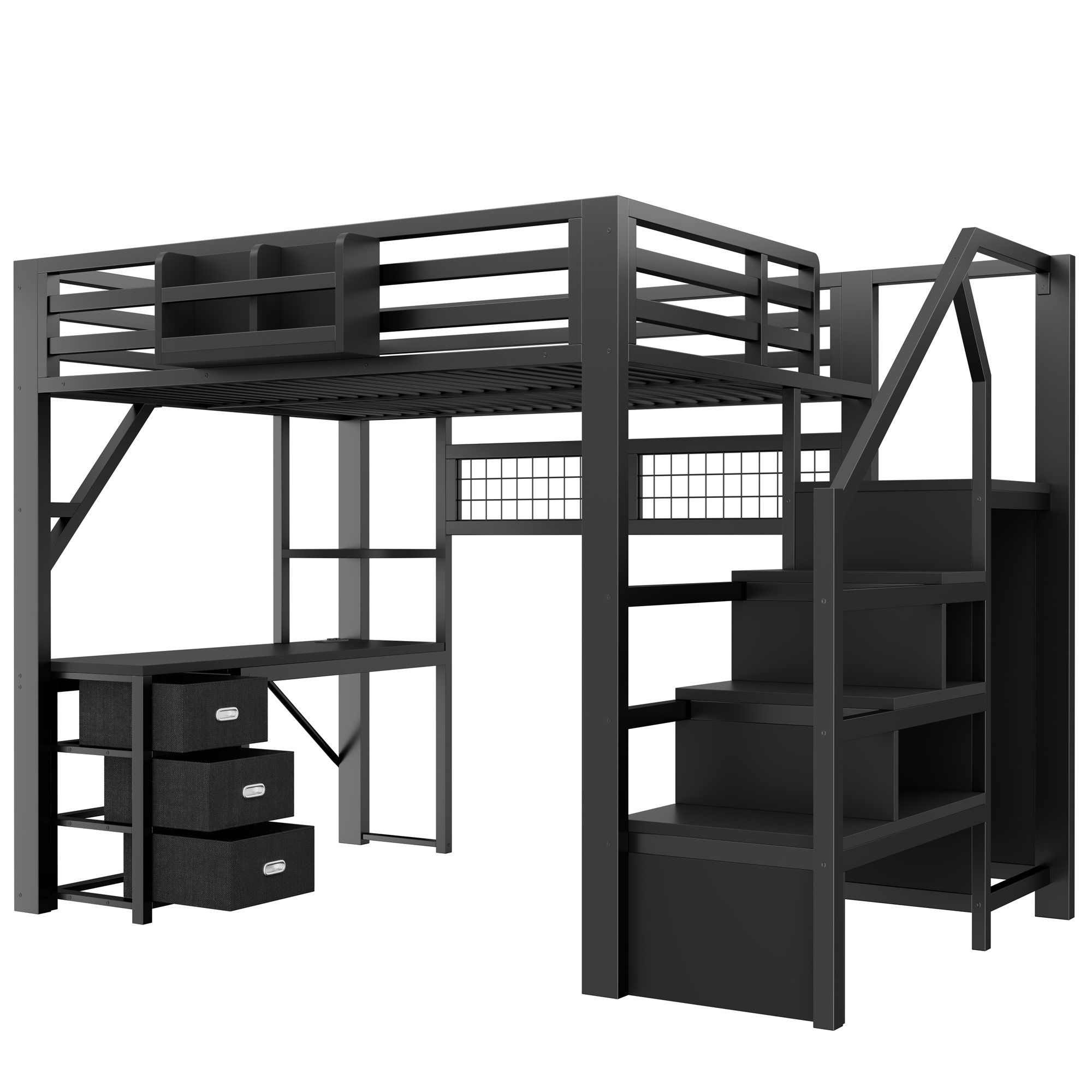 Lit mezzanine 140 x 200 cm, bureau intégré, escalier de rangement, penderie intégrée, 3 tiroirs, métal, noir, 255 x 145 x 170 cm - présentation 1
