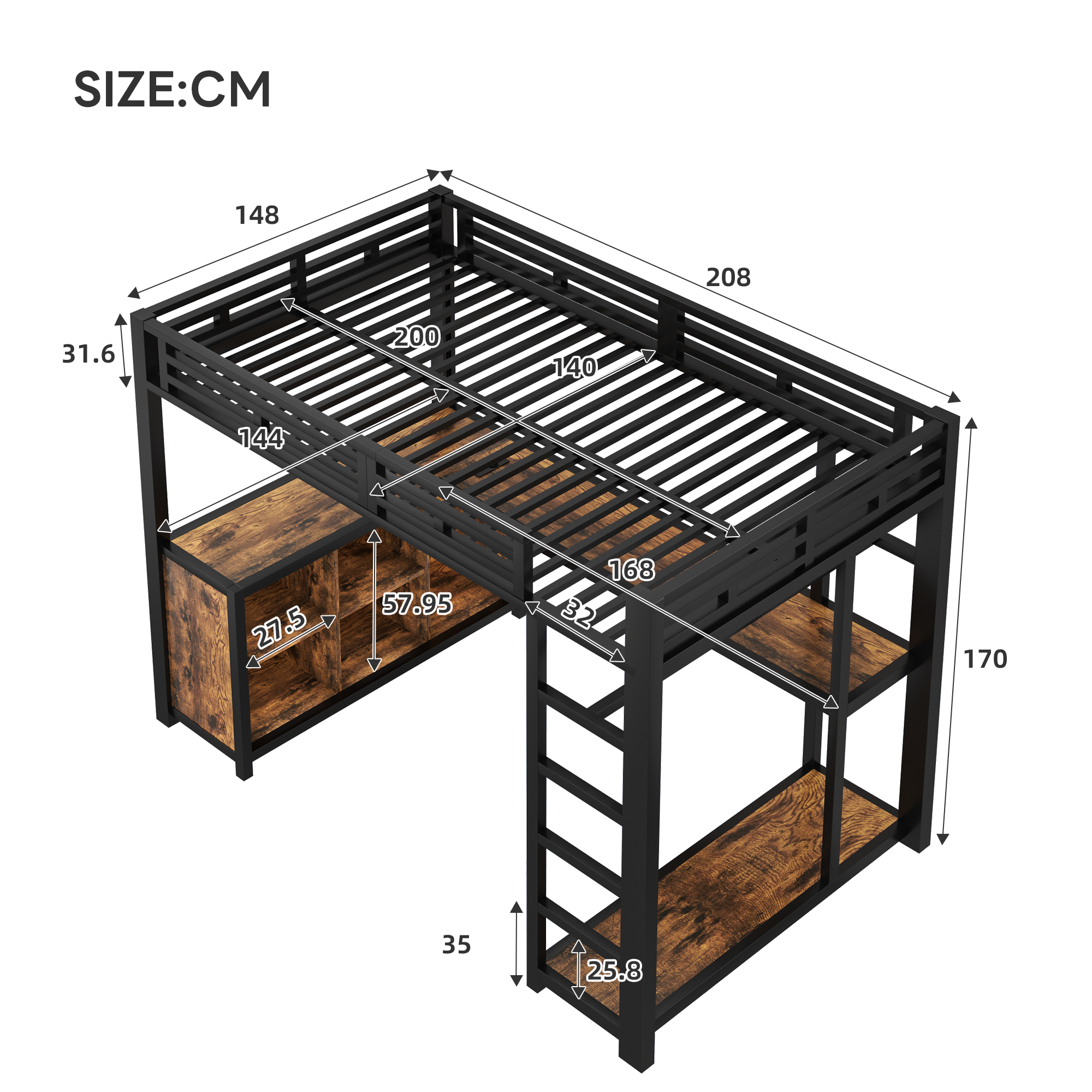 Dimensions lit mezzanine 140x200cm