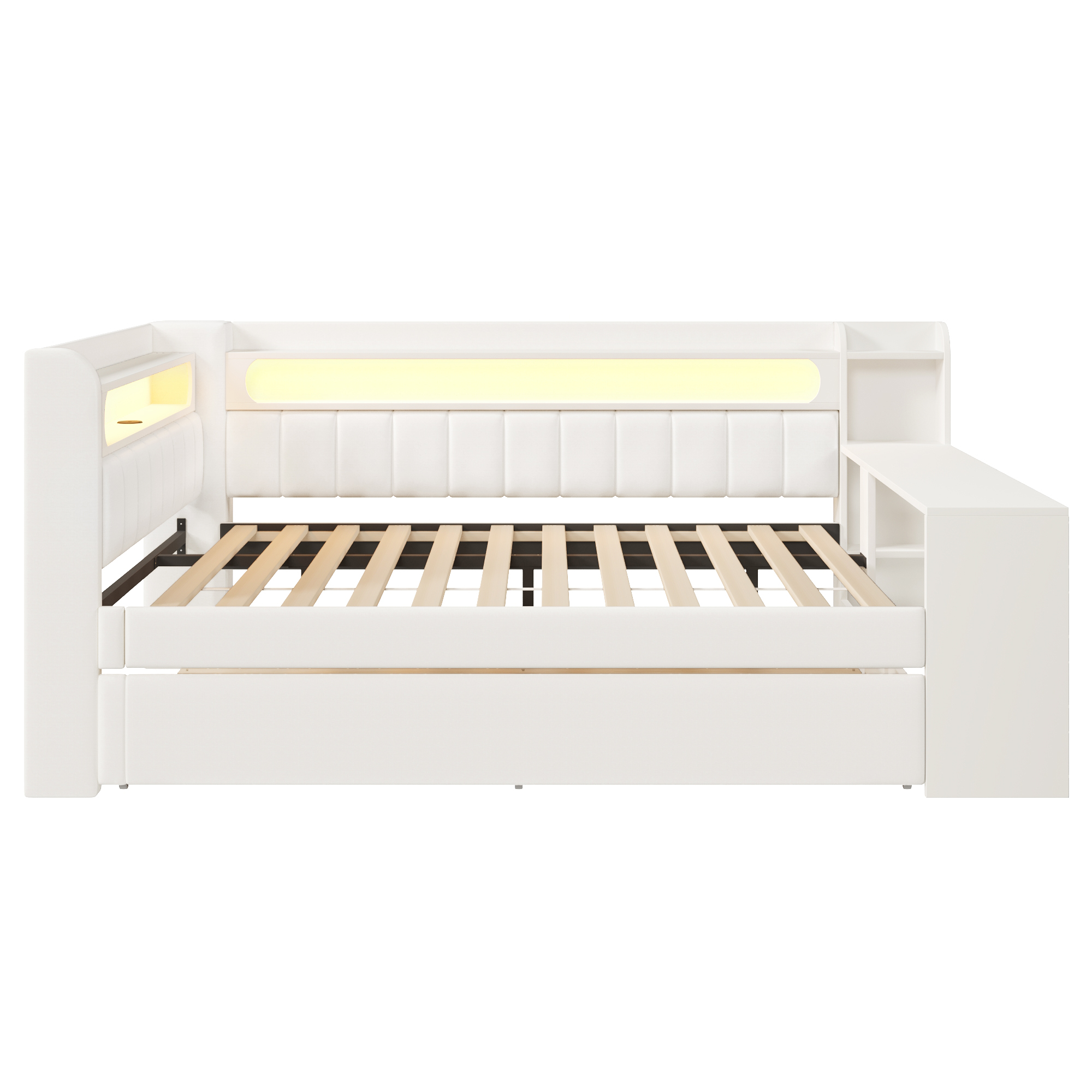 Lit banquette 140x200 cm,en bois,lit gigogne,rangement intégré,bureau intégré,éclairage LED,port USB,blanc,lit 2 places