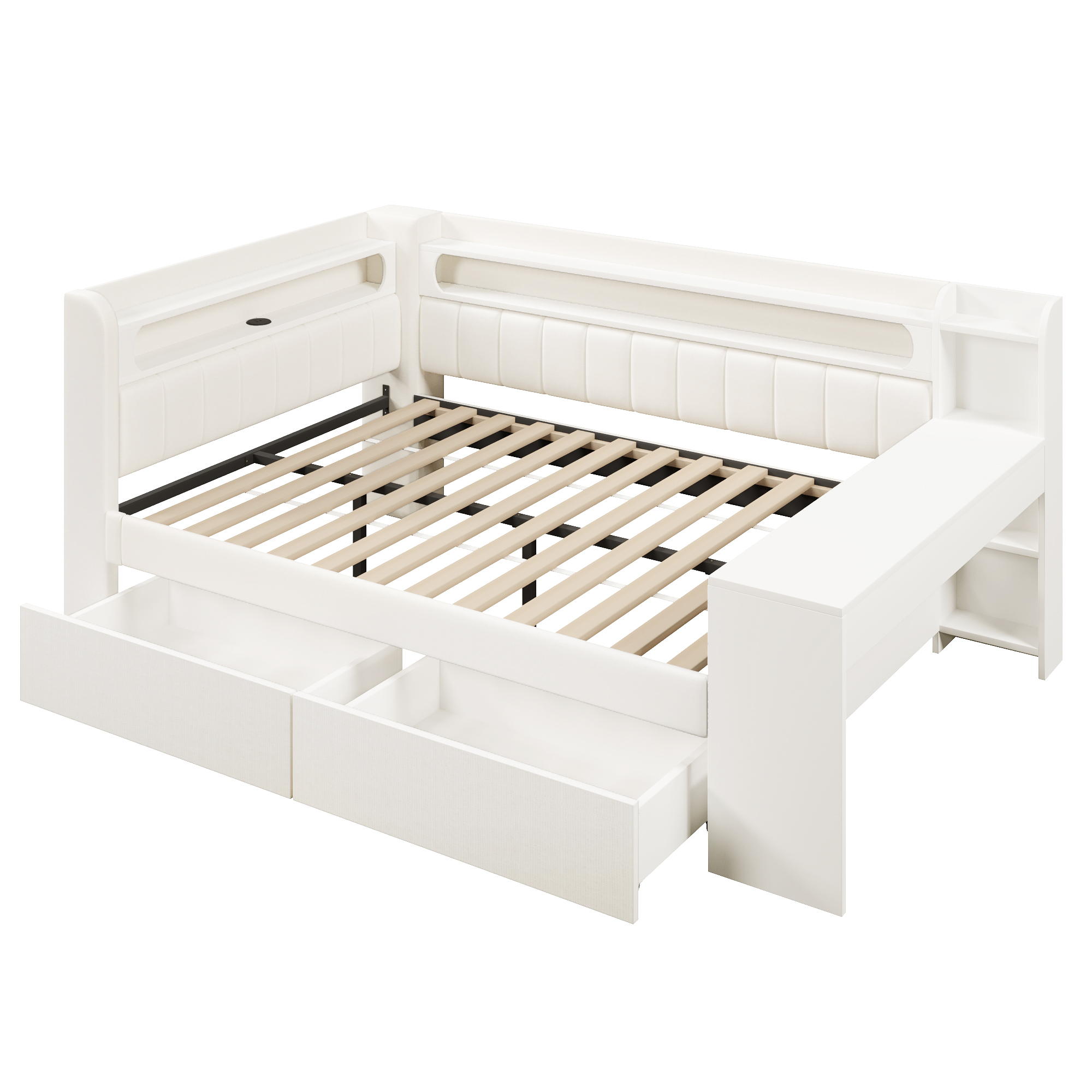 Lit banquette 140x200 cm,en bois,tiroirs de rangement,bureau intégré,éclairage LED,port USB,blanc,lit 2 places,lit avec rangement intégré