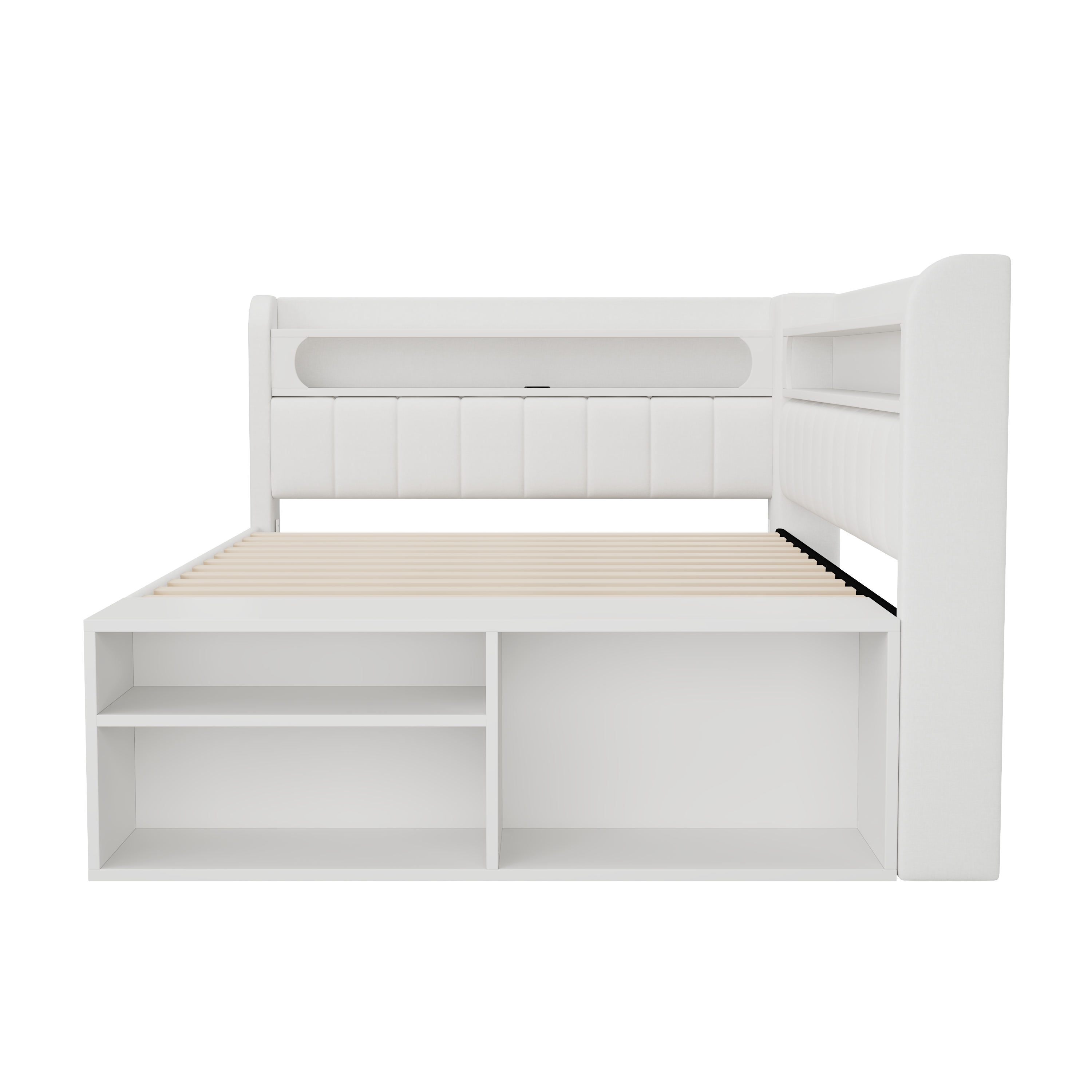 Lit banquette convertible 90x200 cm,en bois,couchage gigogne,bureau intégré,éclairage LED,port USB,blanc,lit 1 place,lit avec rangement intégré