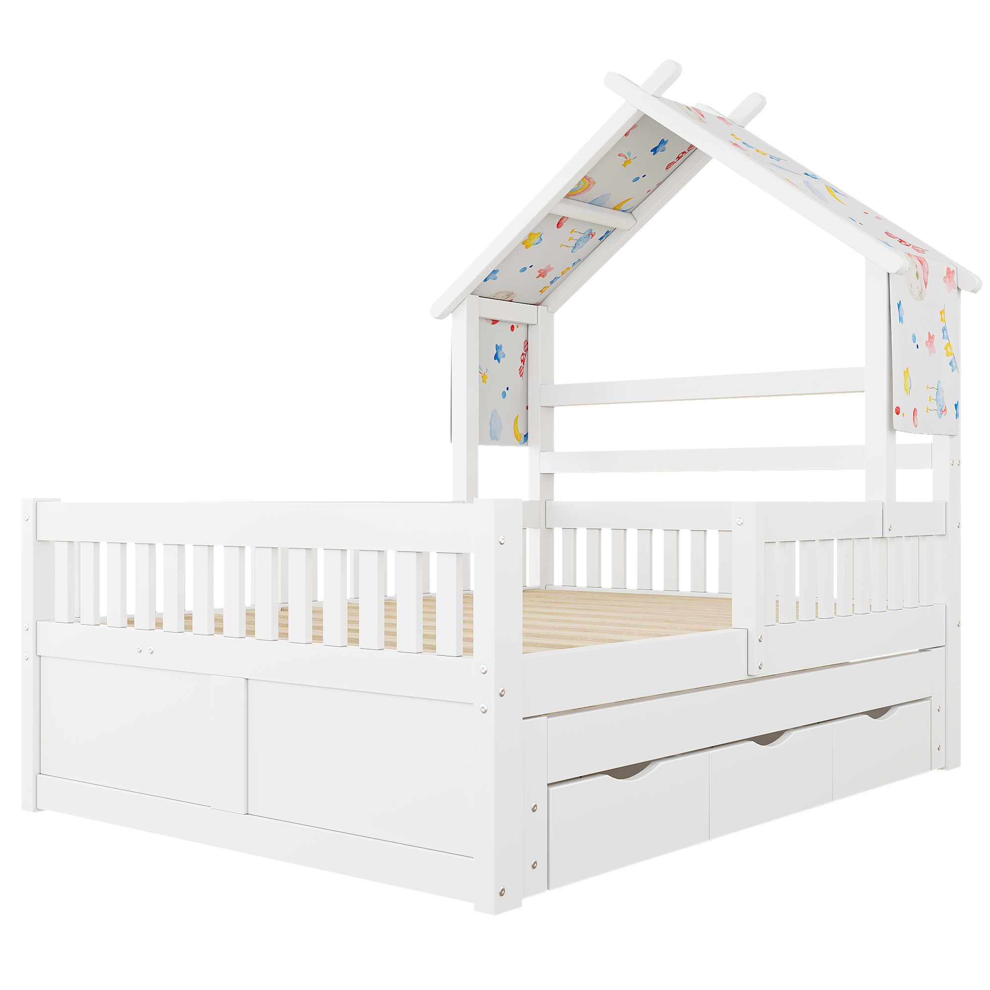 Lit cabane 140x200 cm,en bois,lit enfant,lit gigogne,port USB,blanc