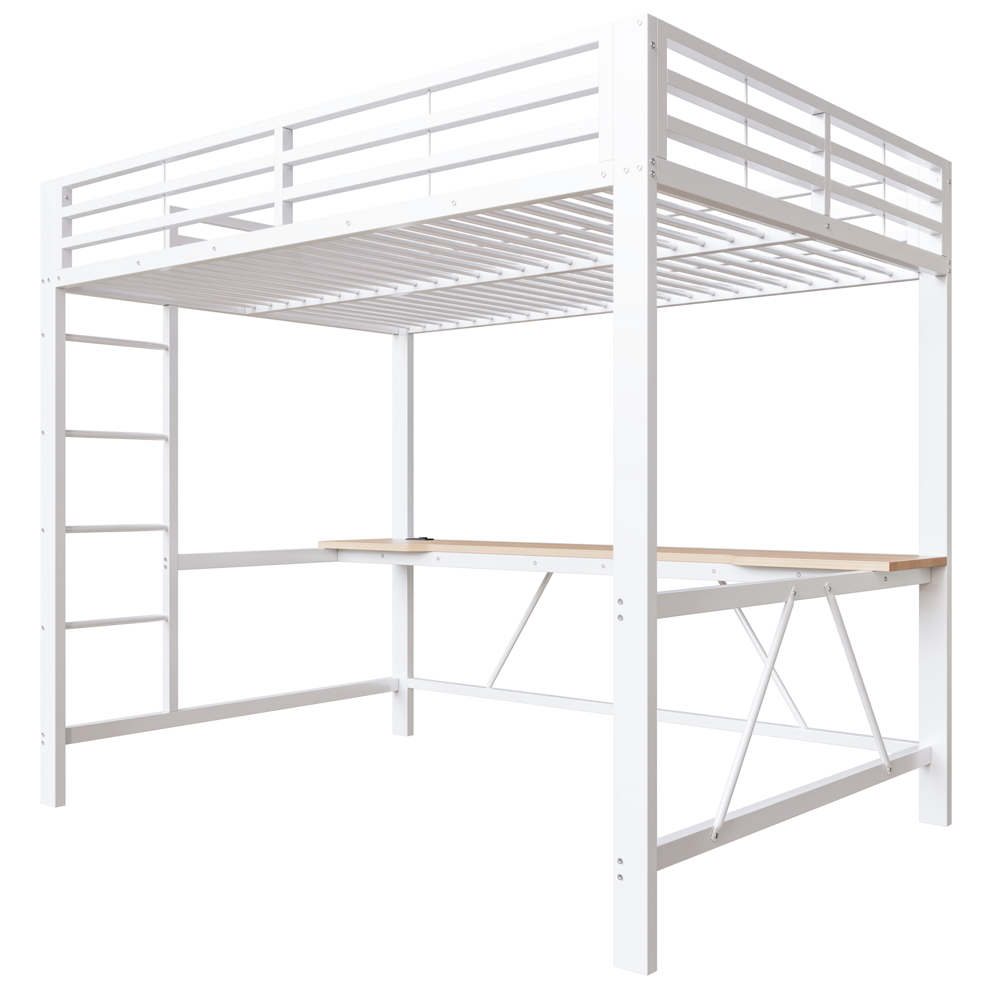 Lit mezzanine 140x200 cm,en métal,lit enfant,rangement intégré,bureau intégré,éclairage LED,port USB,blanc,lit mezzanine avec bureau