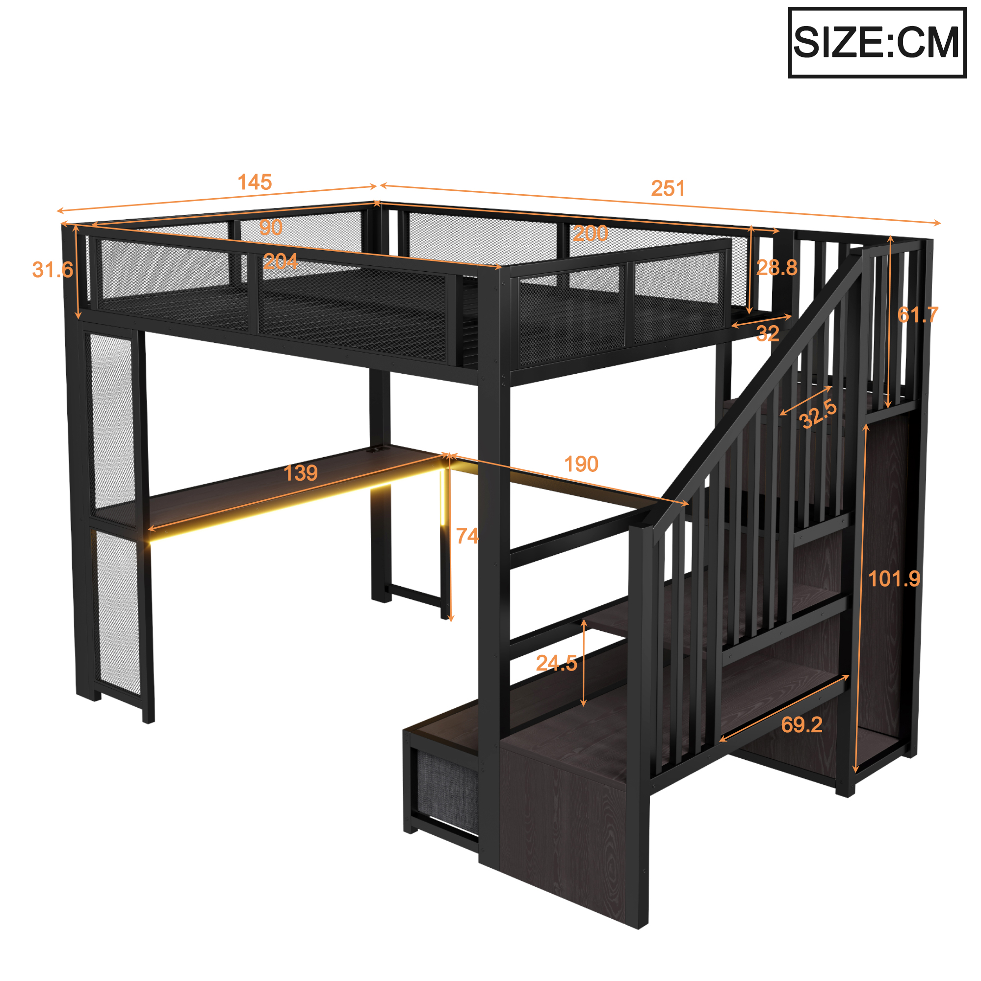 Vue détaillée lit mezzanine noir avec bureau